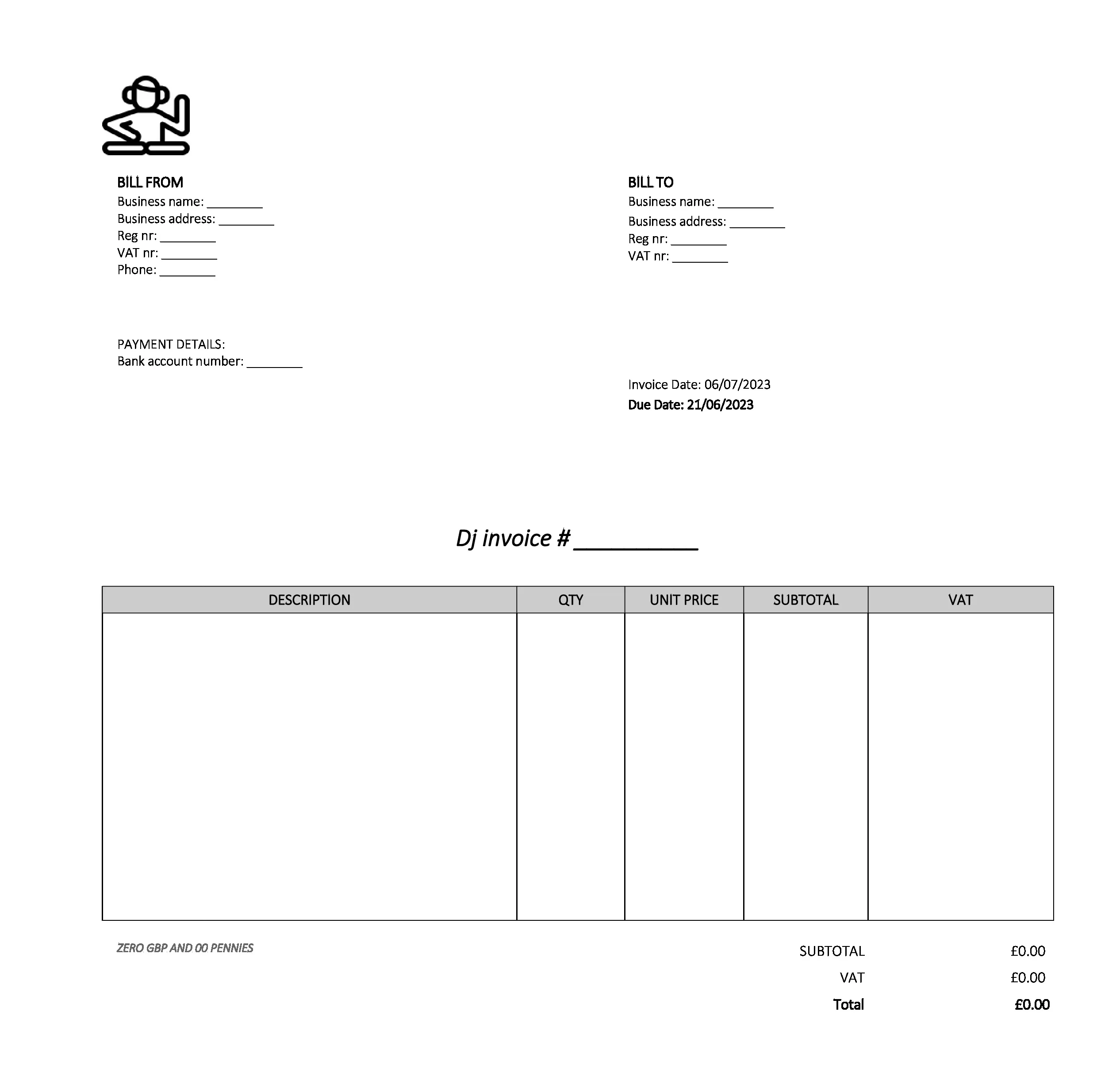 empty dj invoice template UK Excel / Google sheets