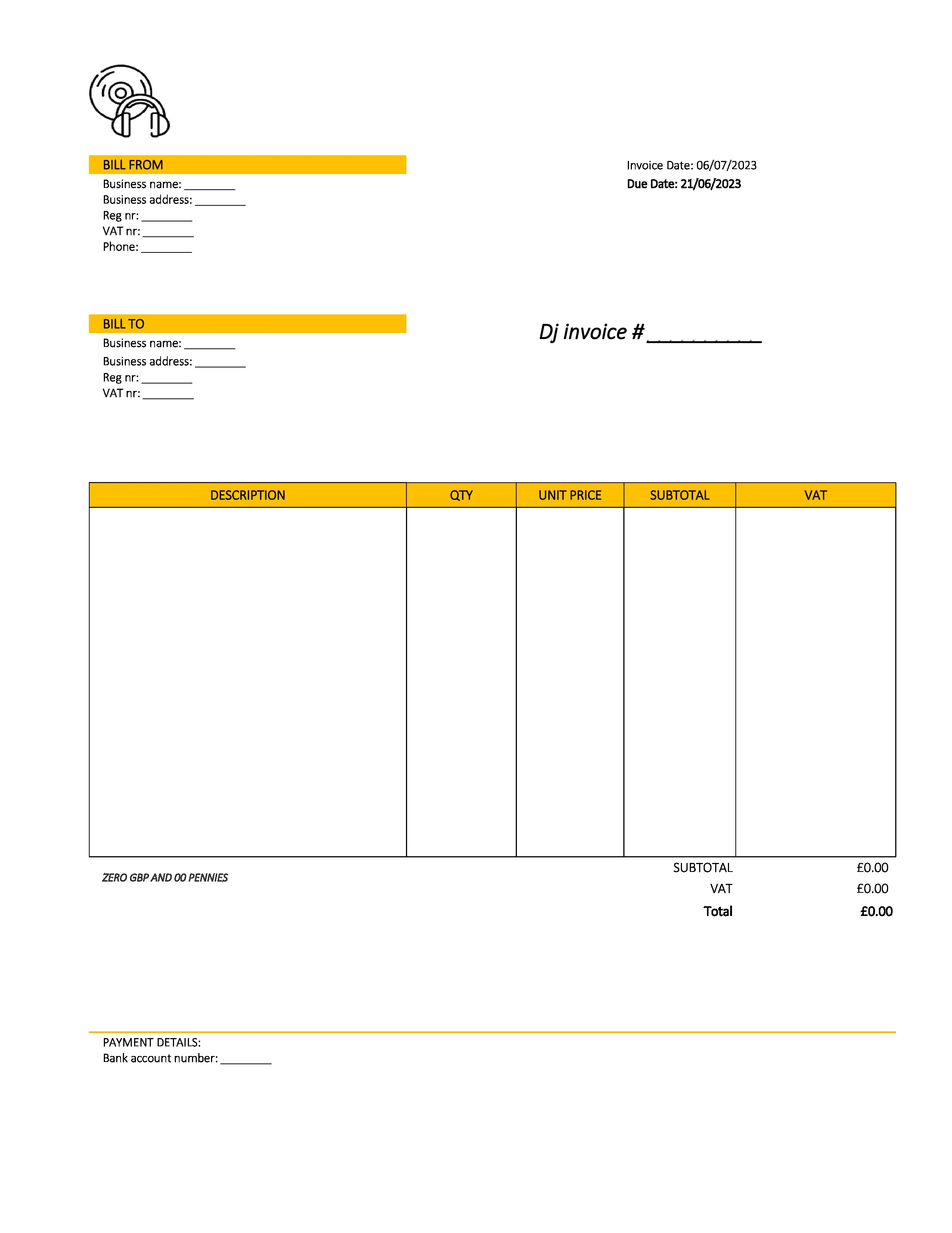 creative dj invoice template UK Excel / Google sheets