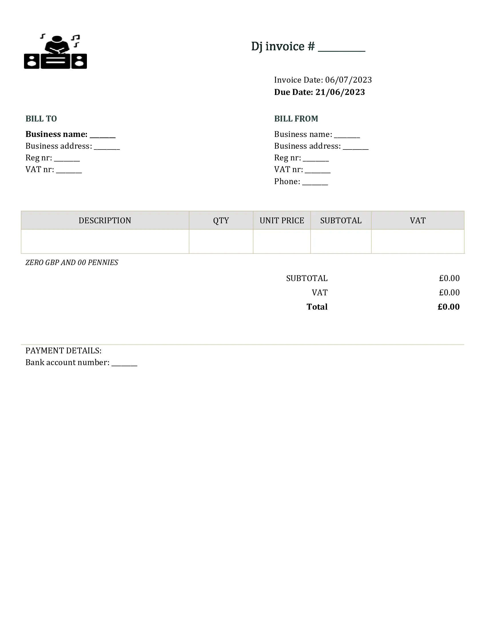 editable dj invoice template UK Word / Google docs