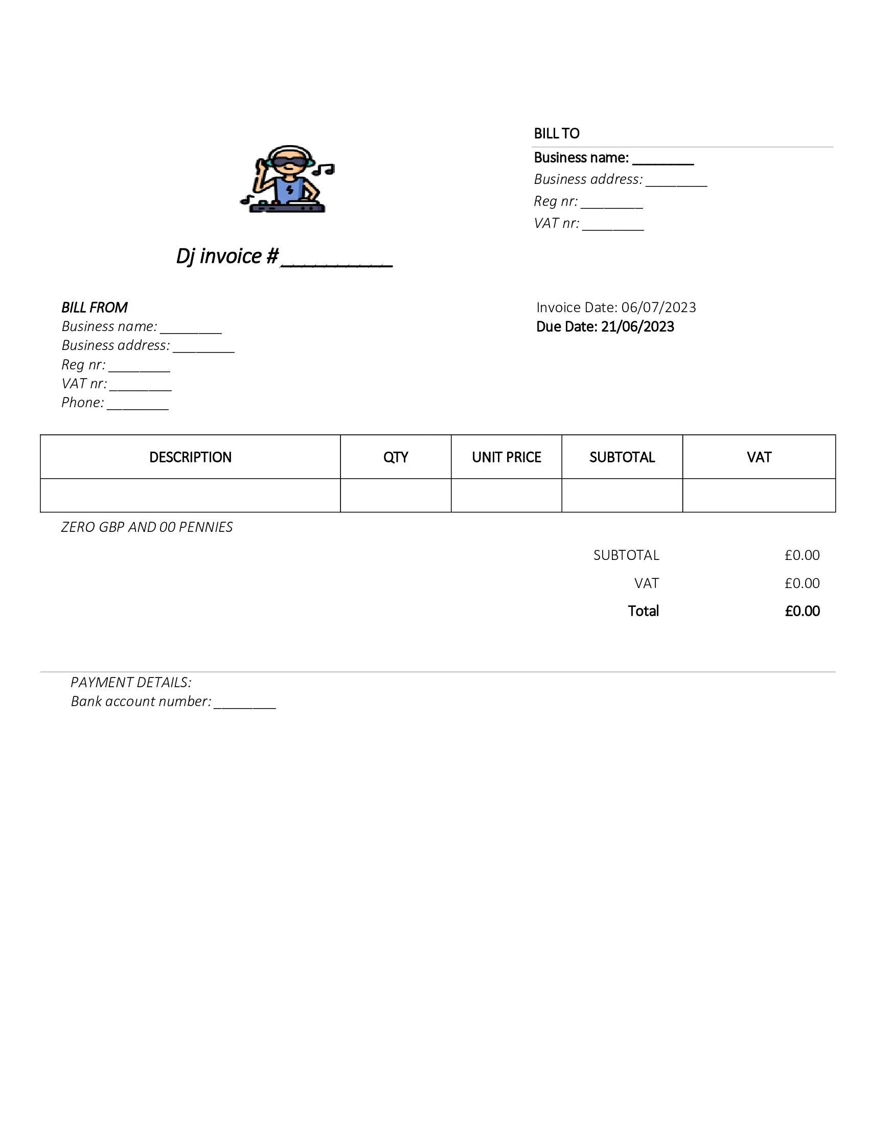 downloadable dj invoice template UK Word / Google docs