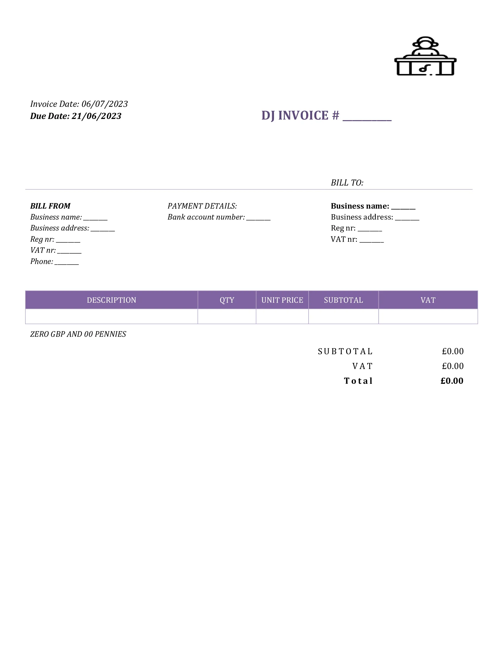 fillable dj invoice template UK Word / Google docs