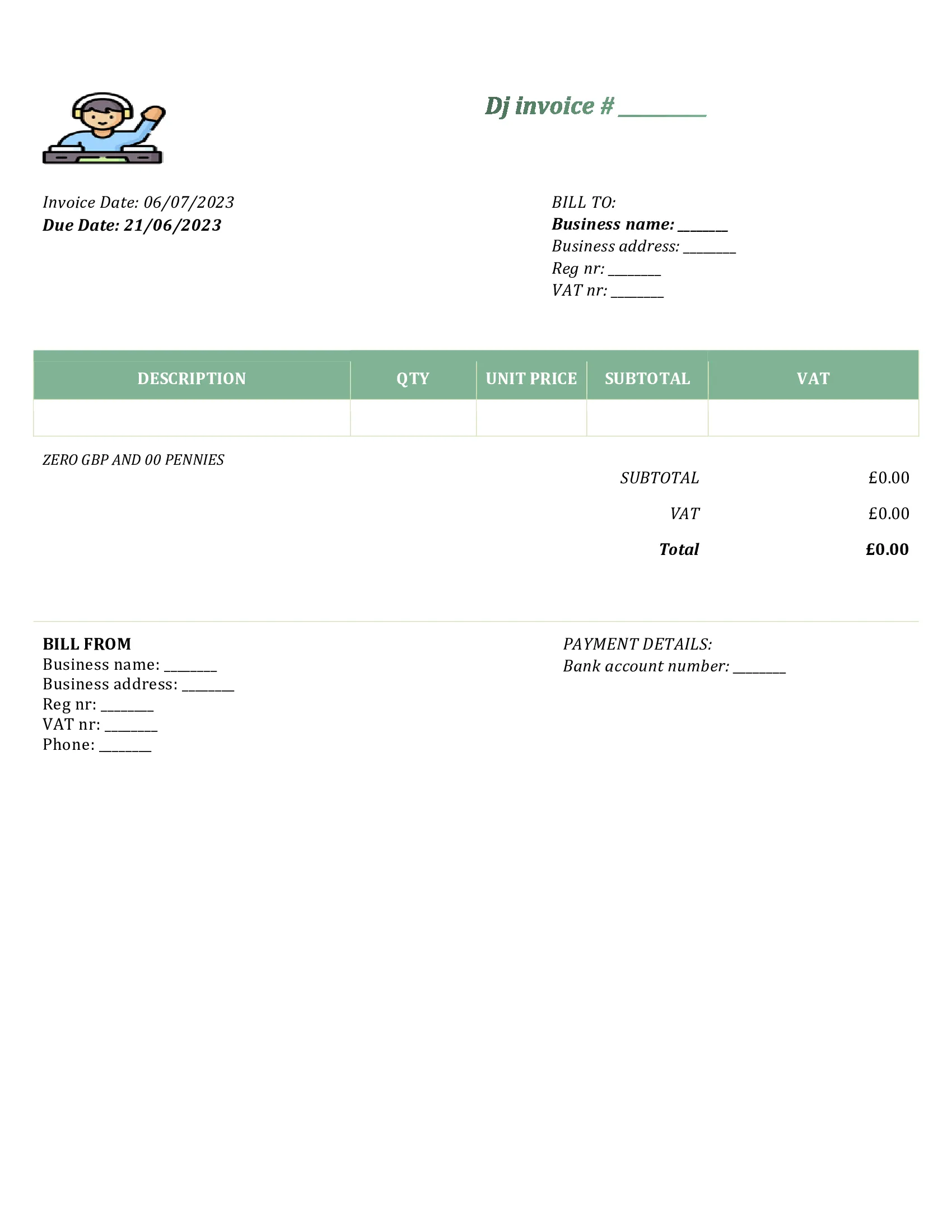 customizable dj invoice template UK Word / Google docs