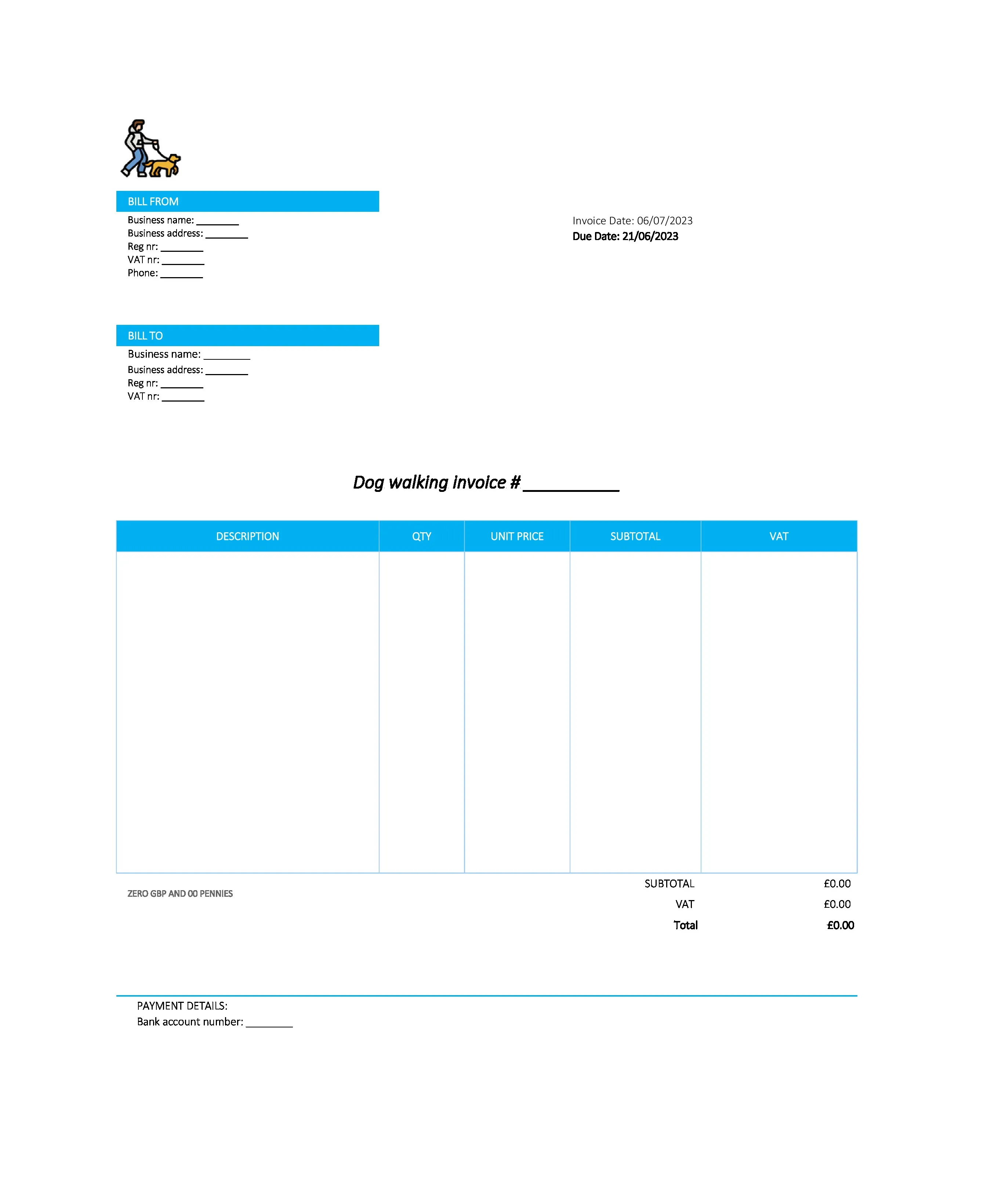 electronic dog walking invoice template UK Excel / Google sheets