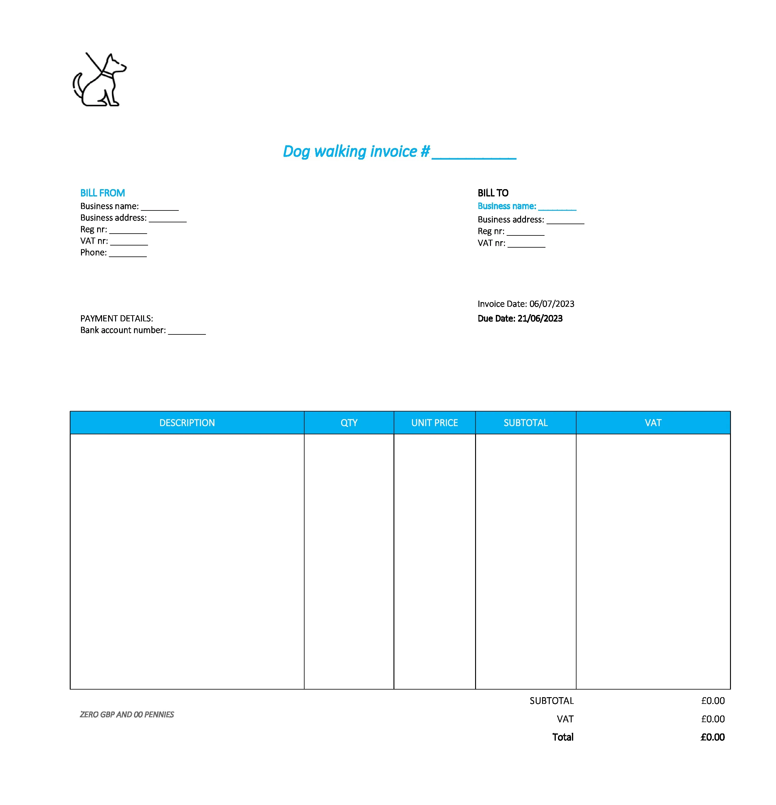 good dog walking invoice template UK Excel / Google sheets