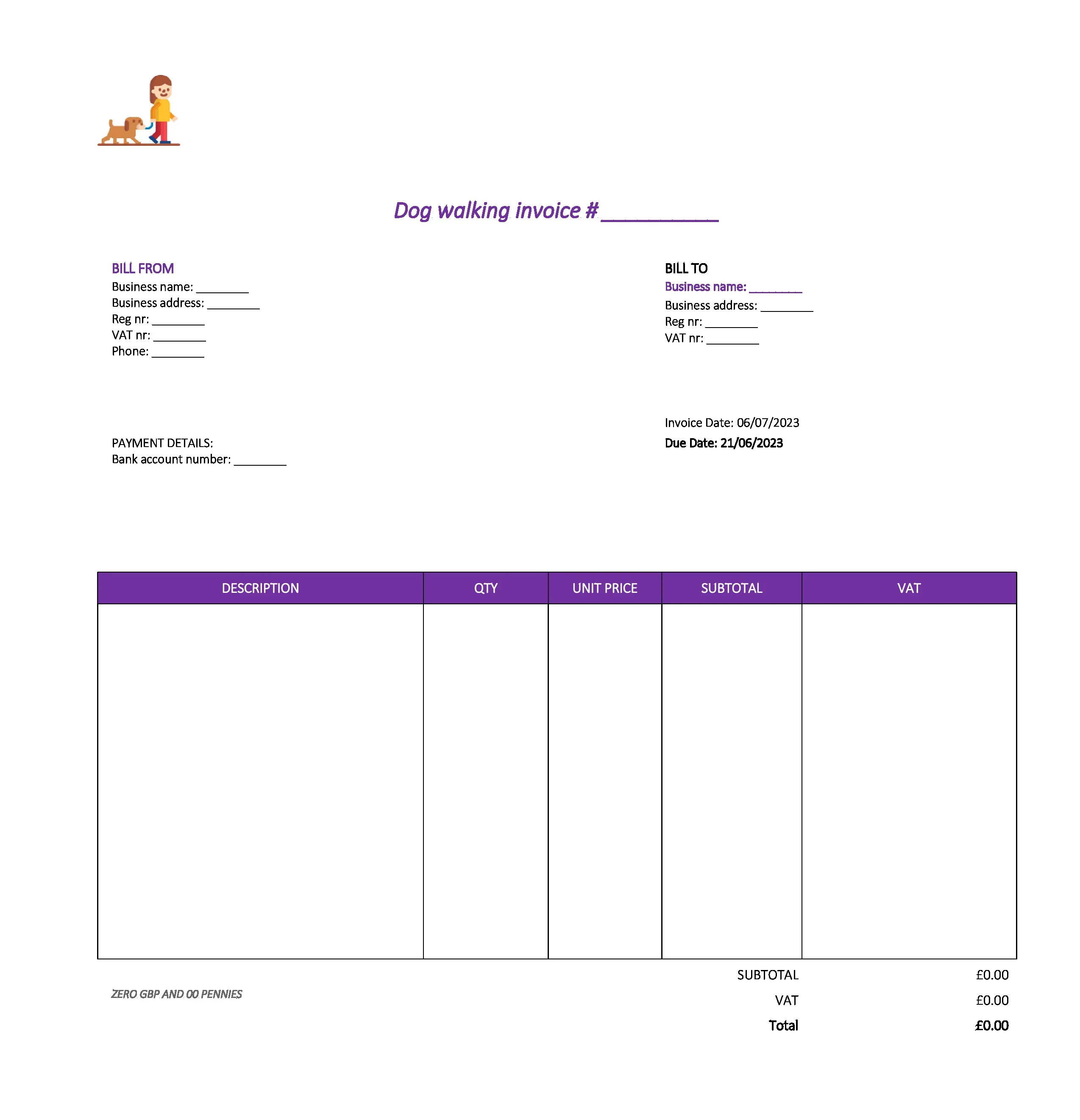 pretty dog walking invoice template UK Excel / Google sheets