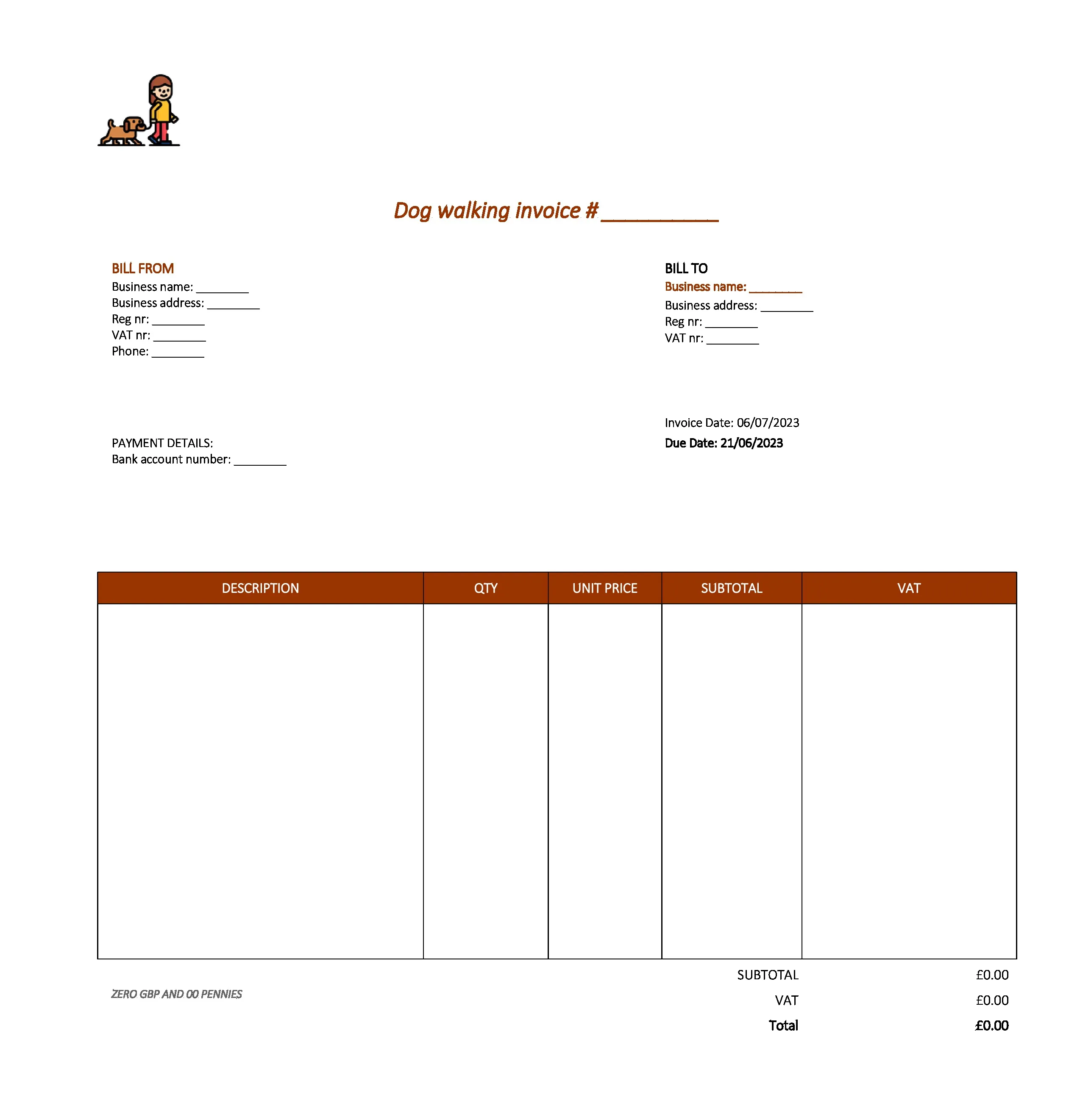elegant dog walking invoice template UK Excel / Google sheets
