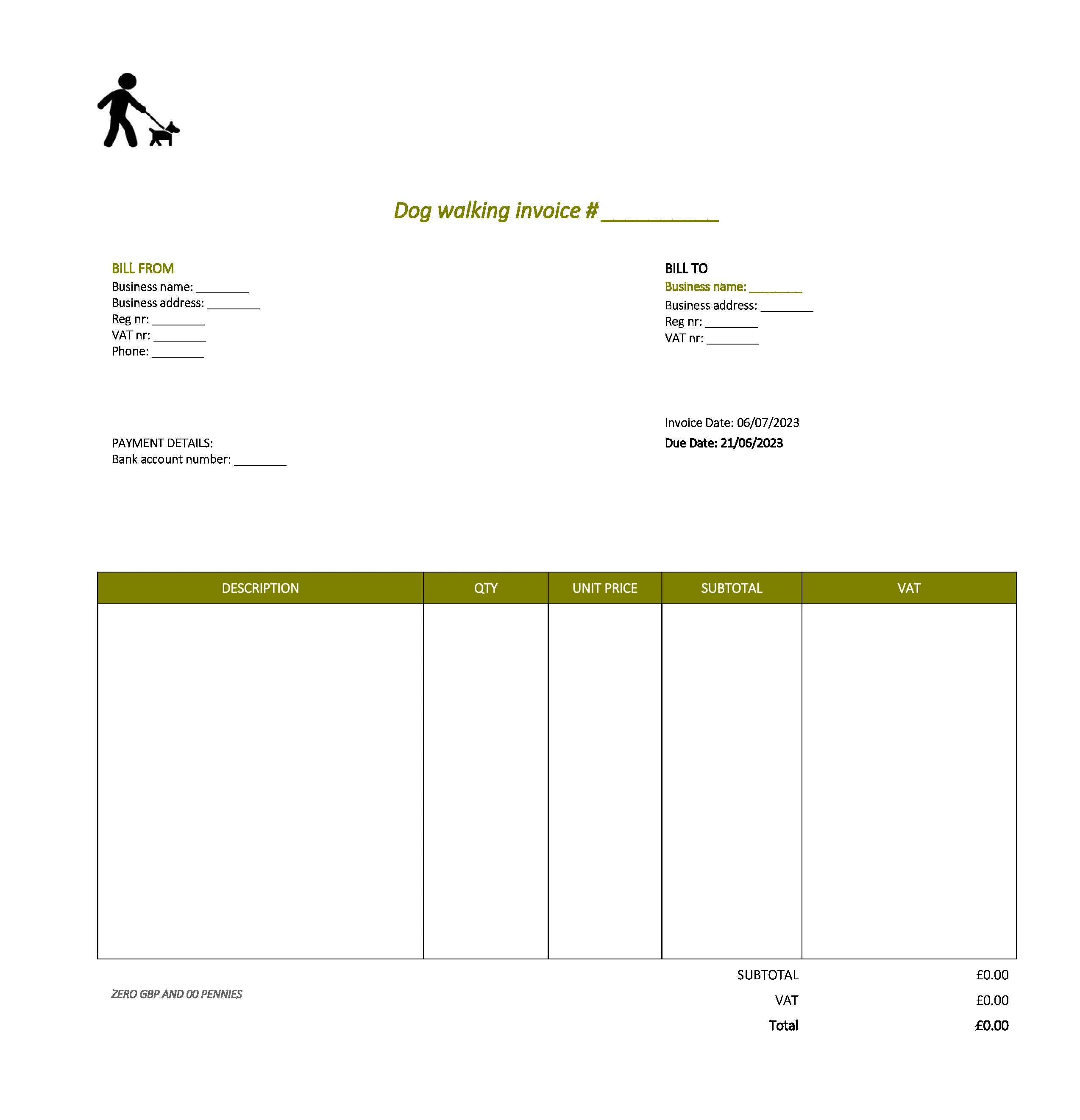 minimalist dog walking invoice template UK Excel / Google sheets