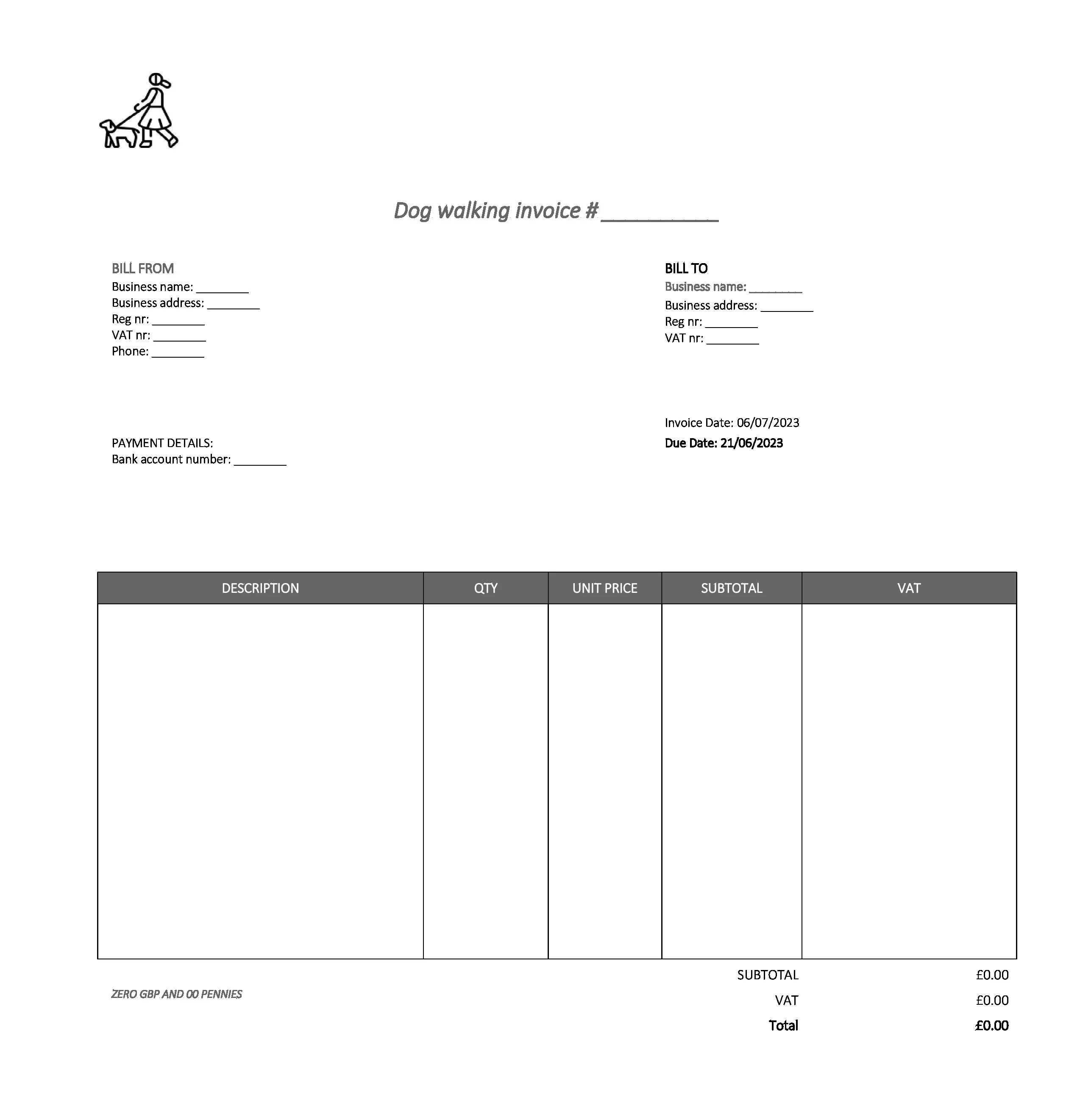 fancy dog walking invoice template UK Excel / Google sheets