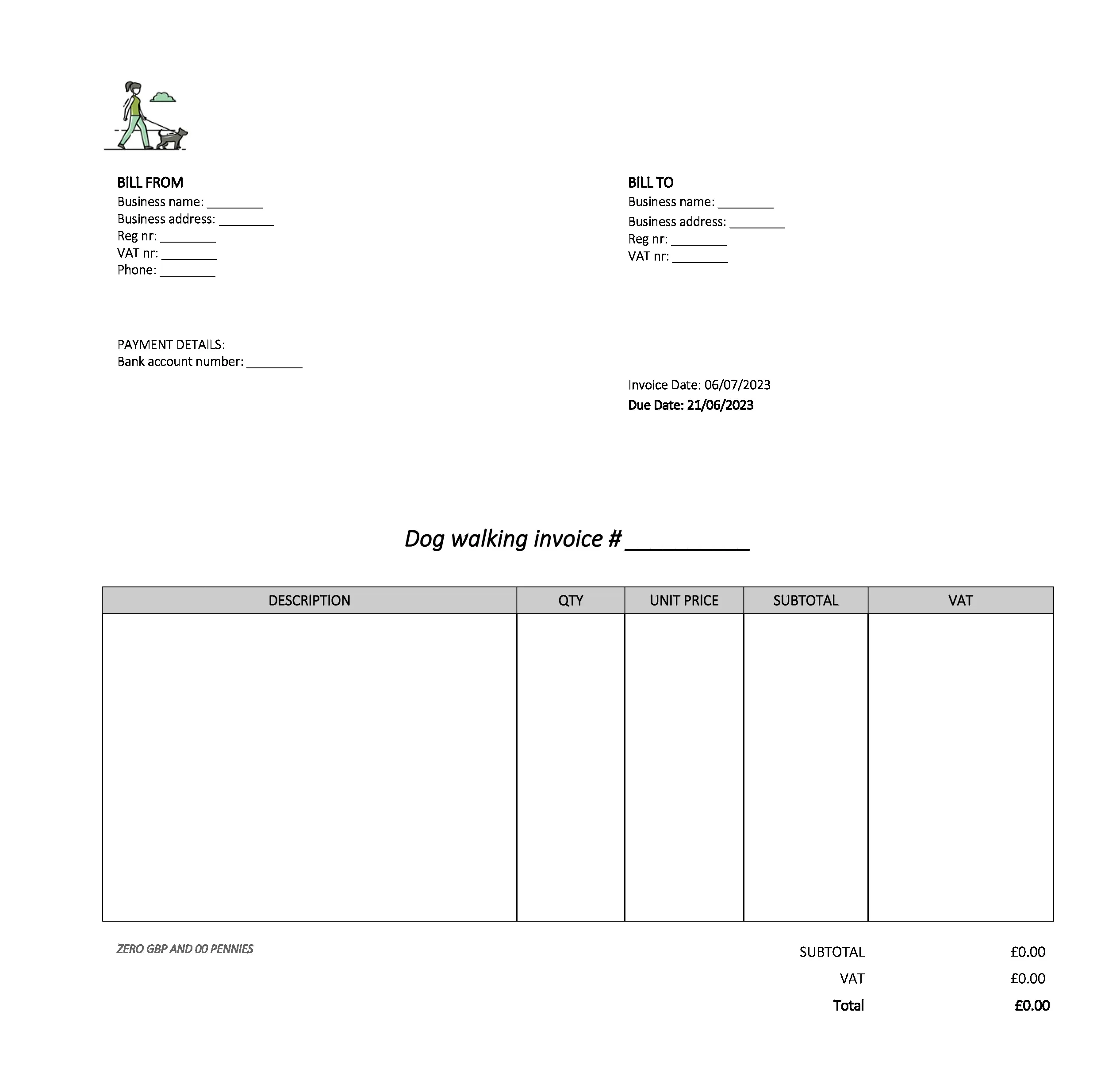 empty dog walking invoice template UK Excel / Google sheets