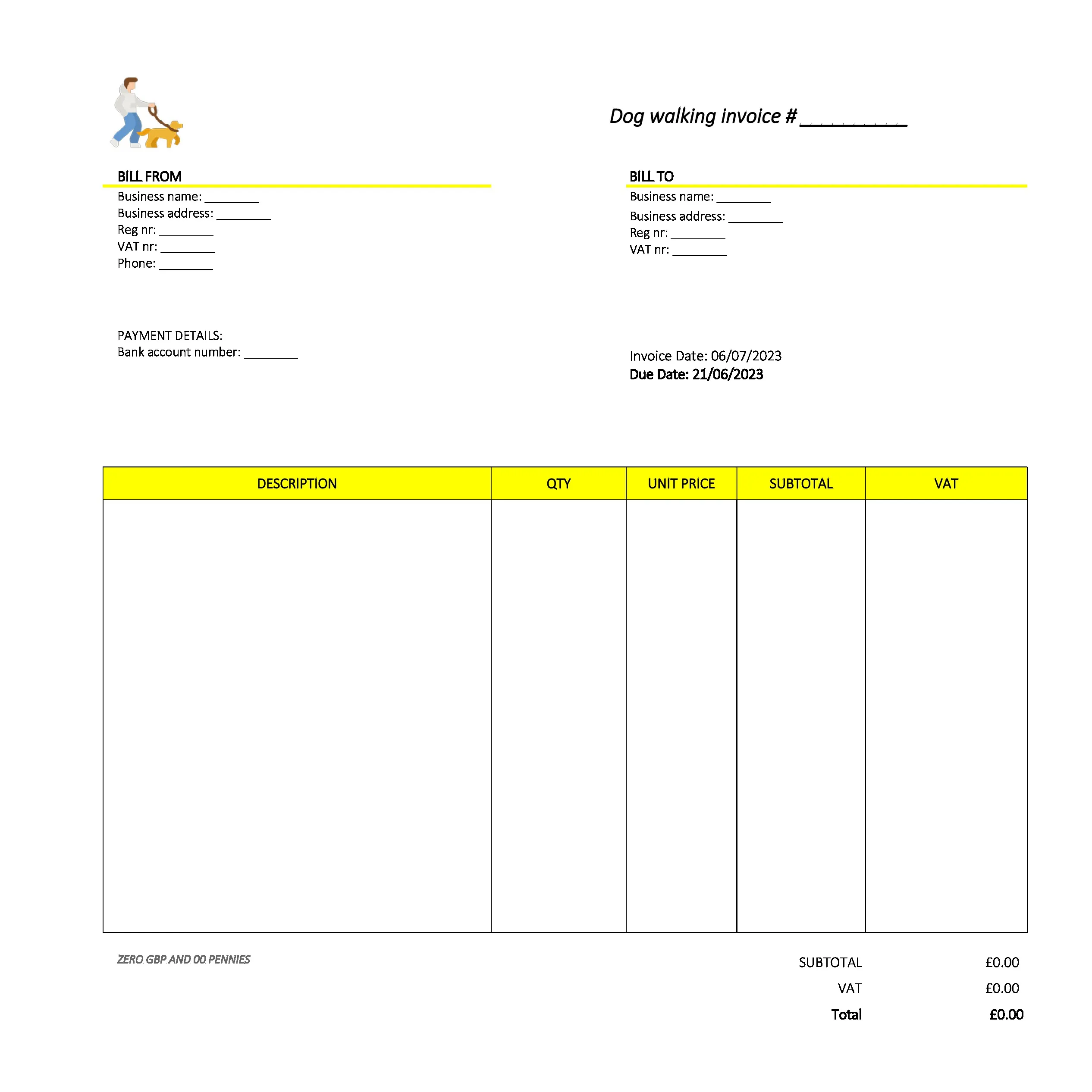 formal dog walking invoice template UK Excel / Google sheets