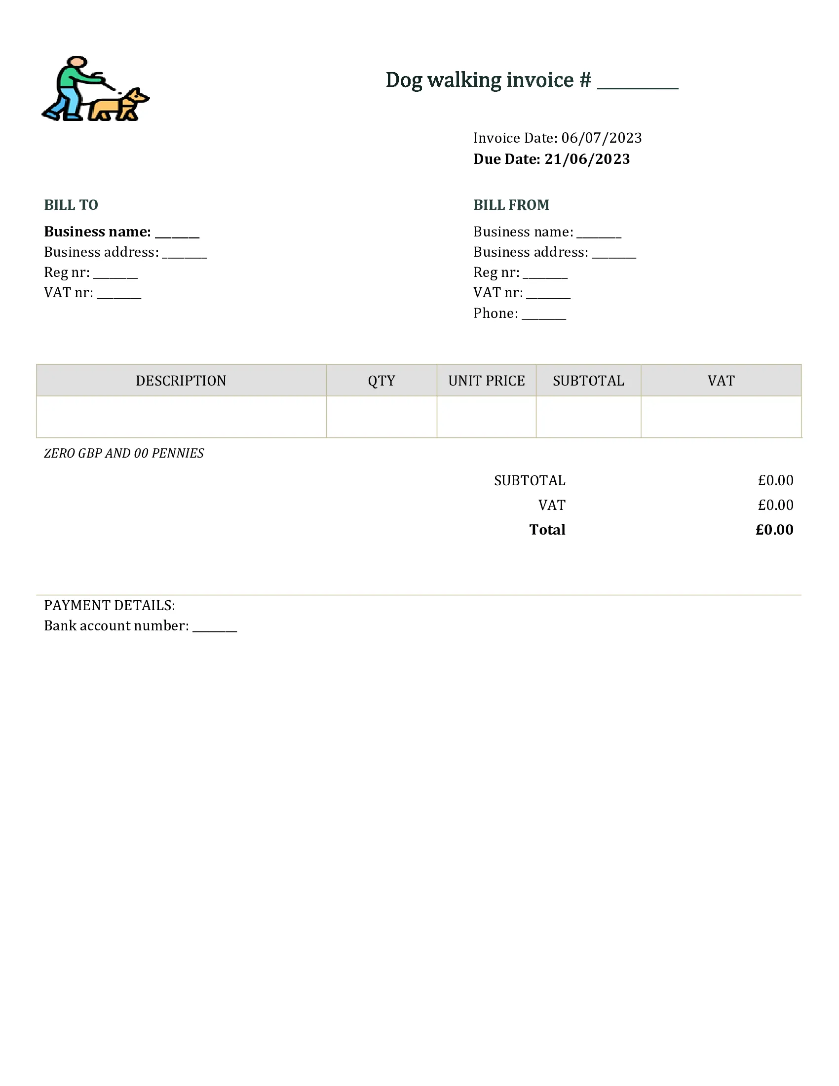 editable dog walking invoice template UK Word / Google docs