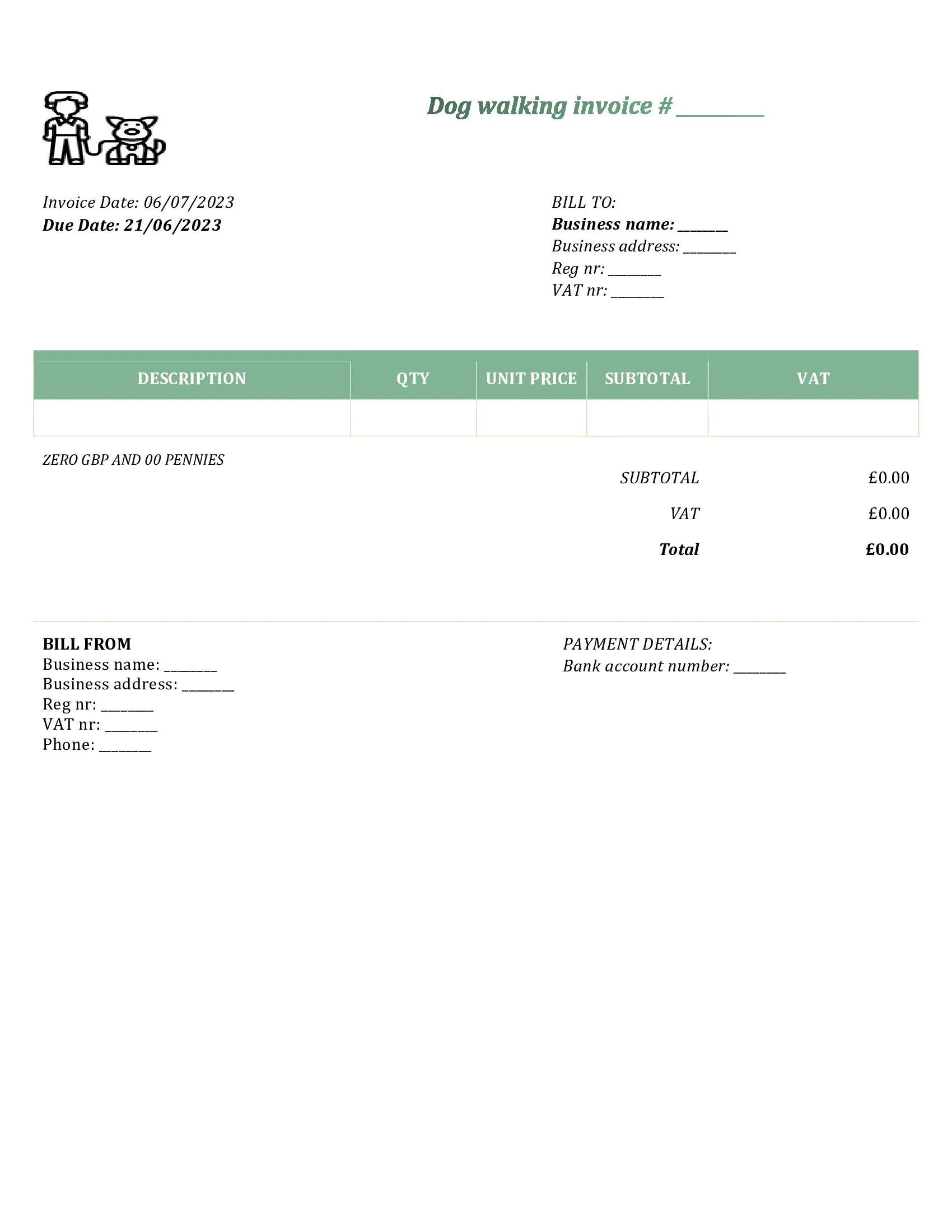 customizable dog walking invoice template UK Word / Google docs