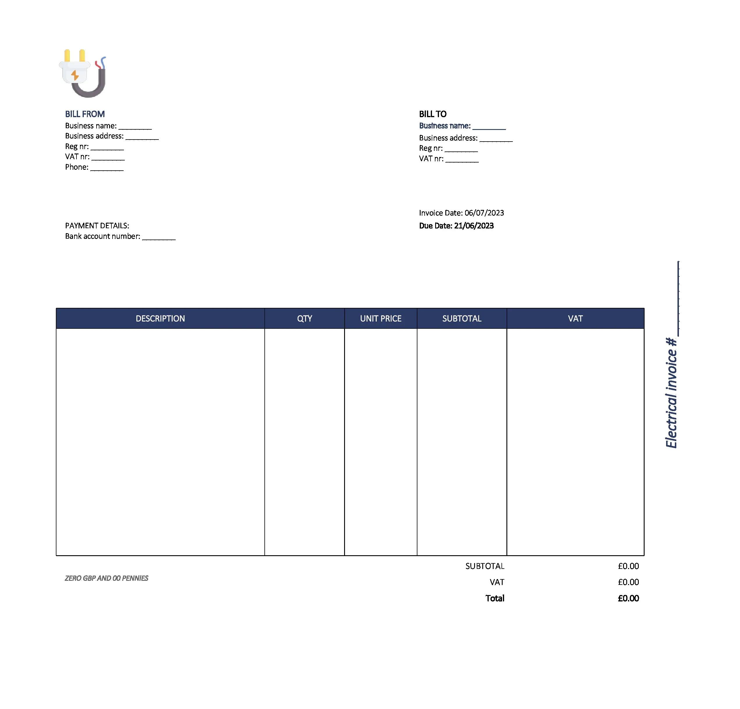 beautiful electrical invoice template UK Excel / Google sheets