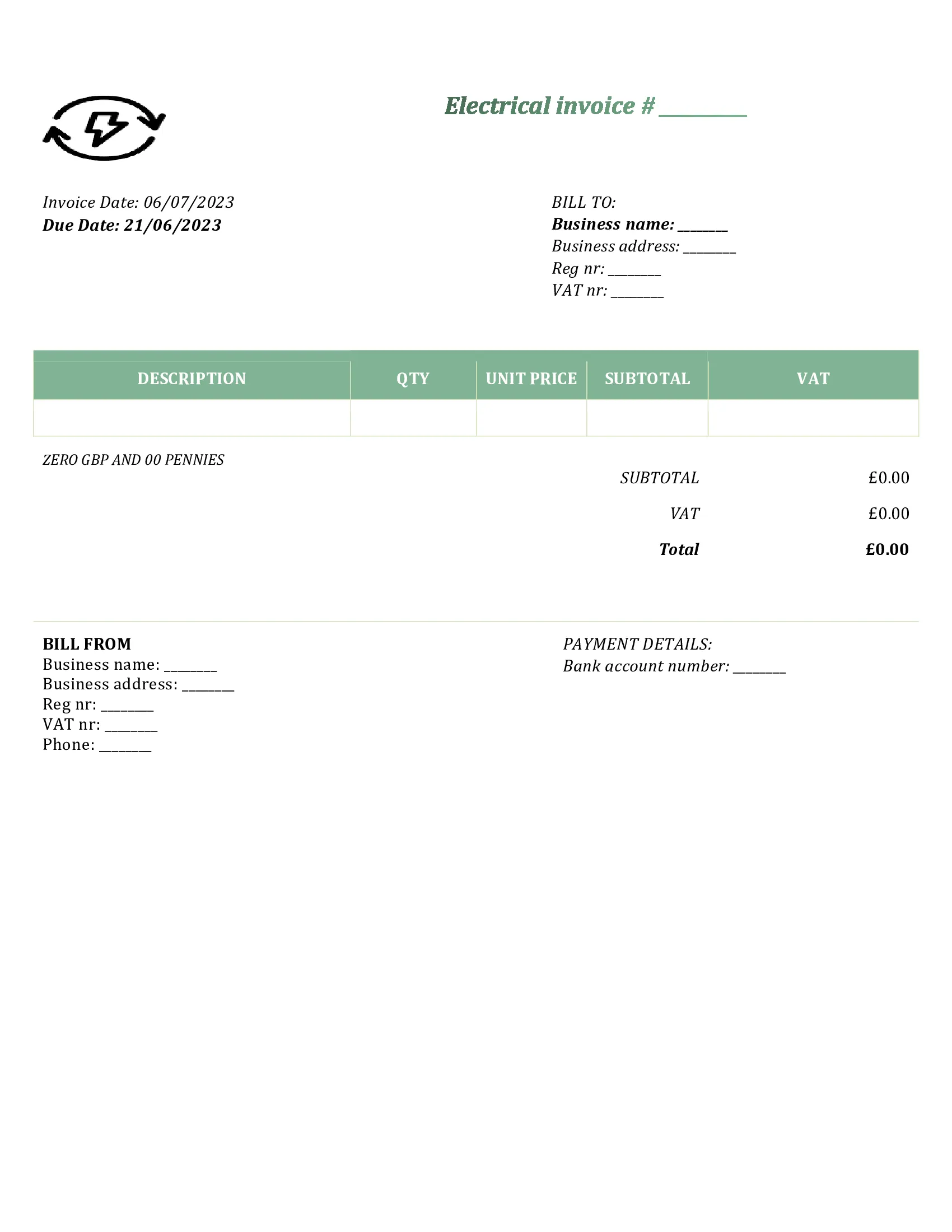 customizable electrical invoice template UK Word / Google docs