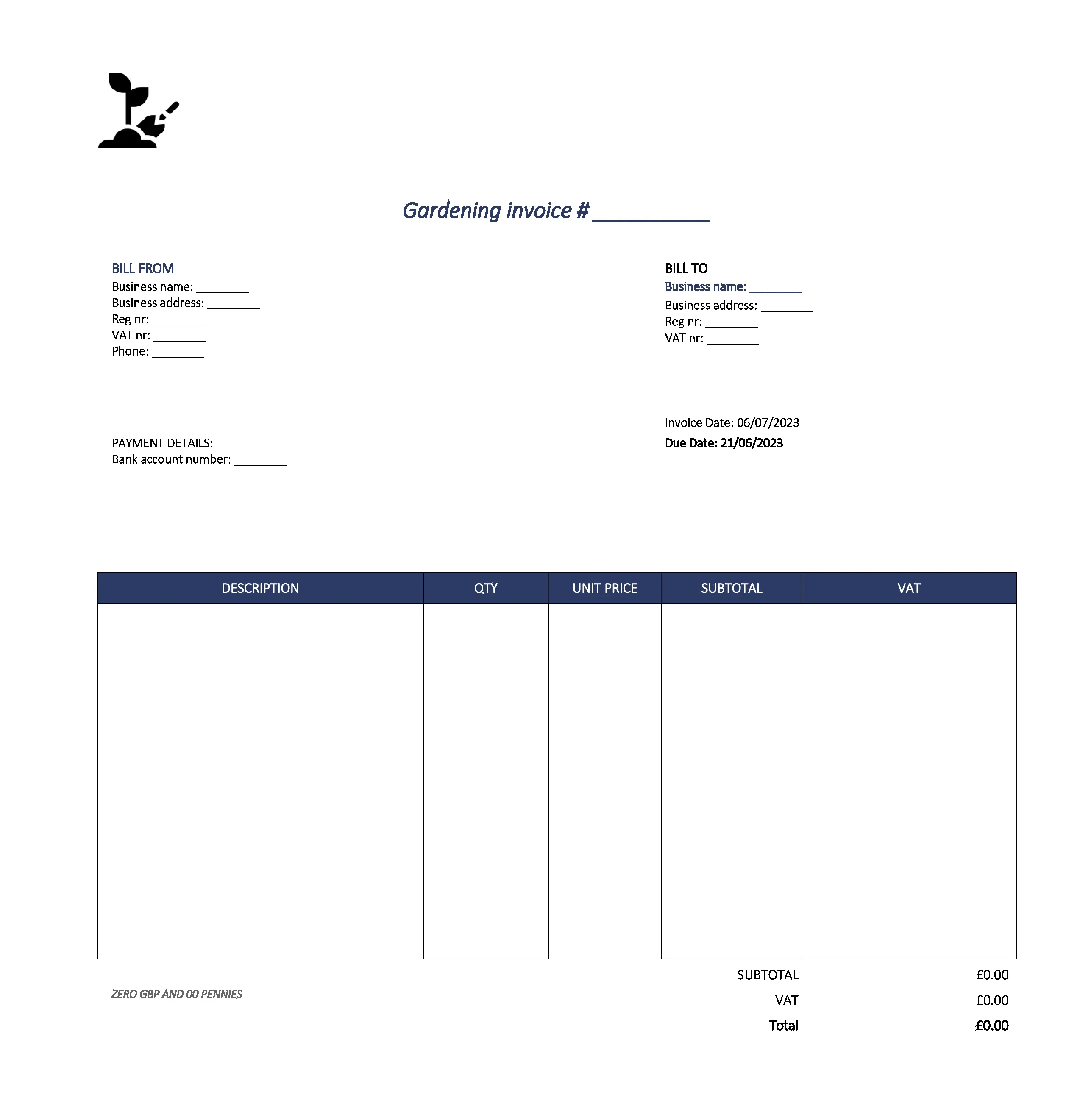detailed gardening invoice template UK Excel / Google sheets