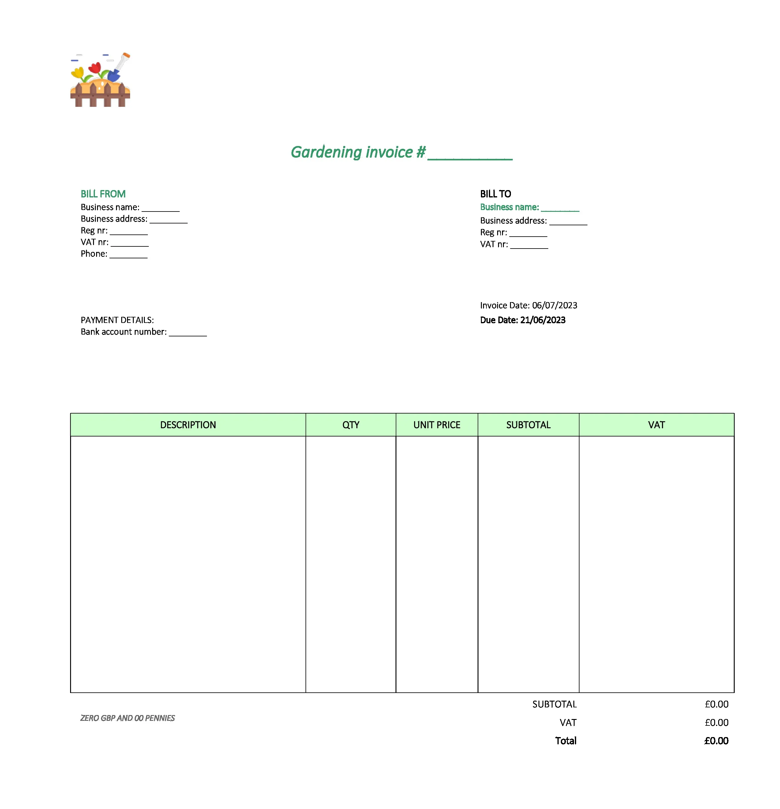 with logo gardening invoice template UK Excel / Google sheets