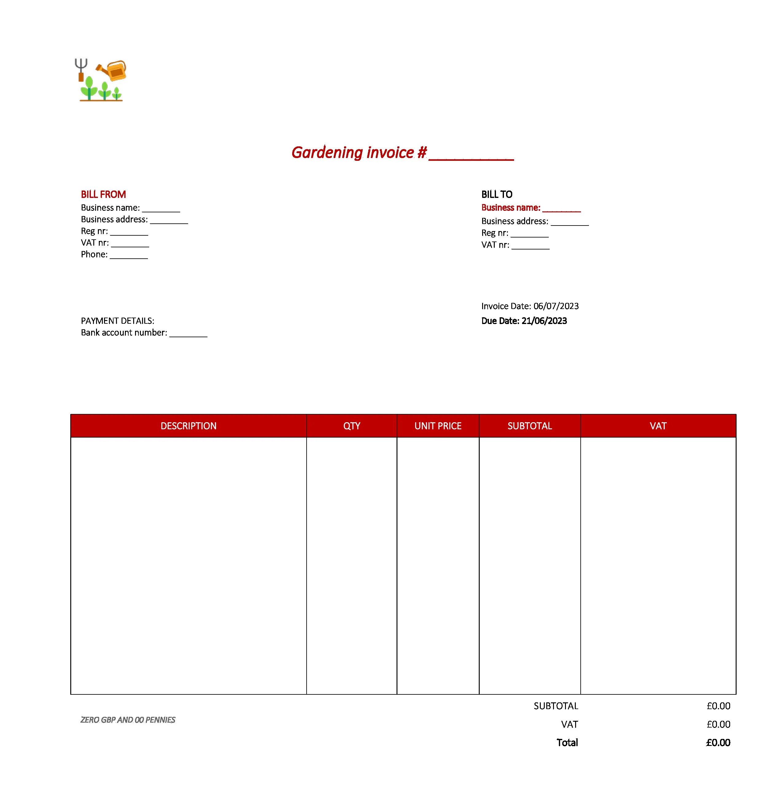 best gardening invoice template UK Excel / Google sheets