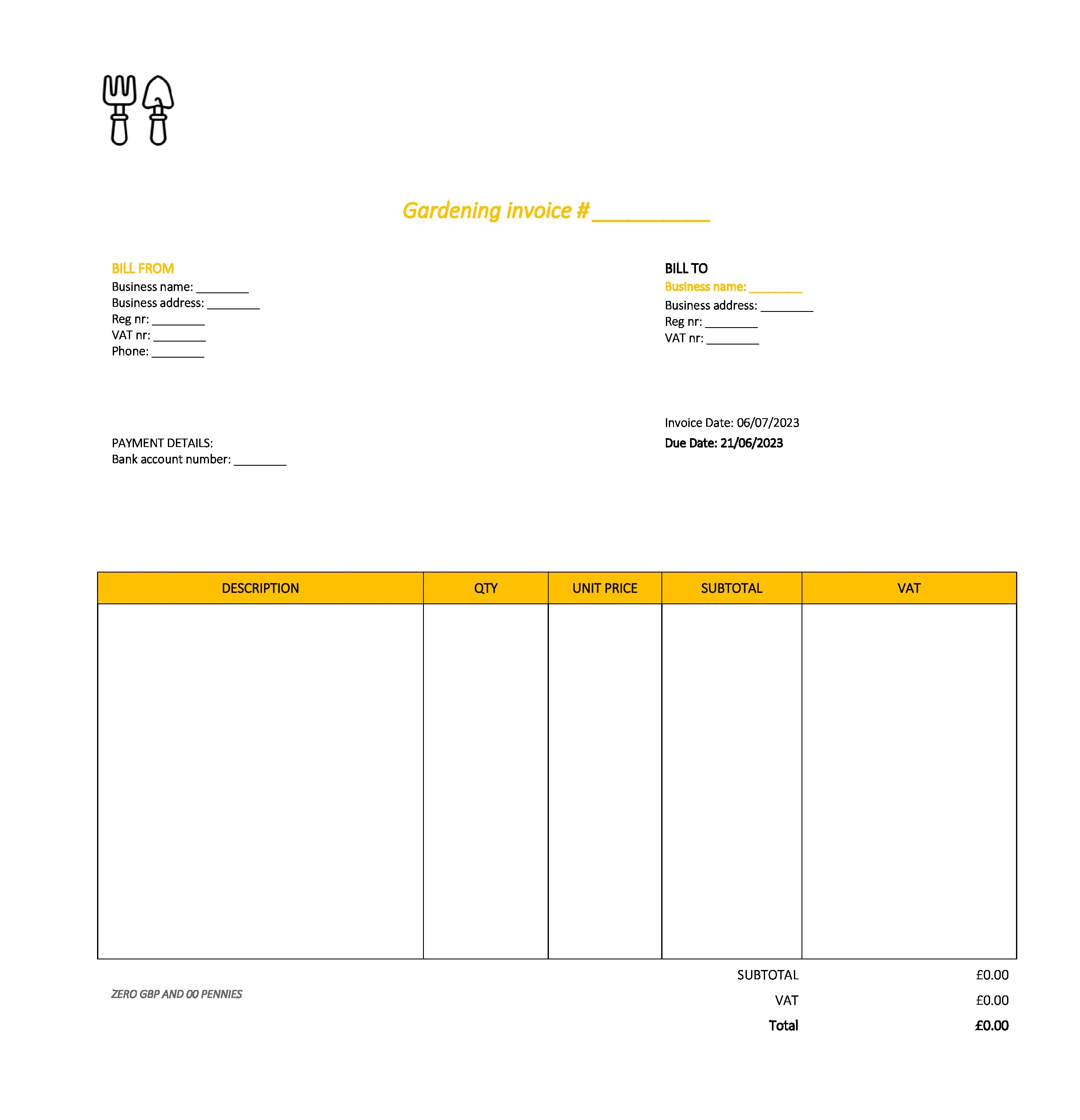 draft gardening invoice template UK Excel / Google sheets