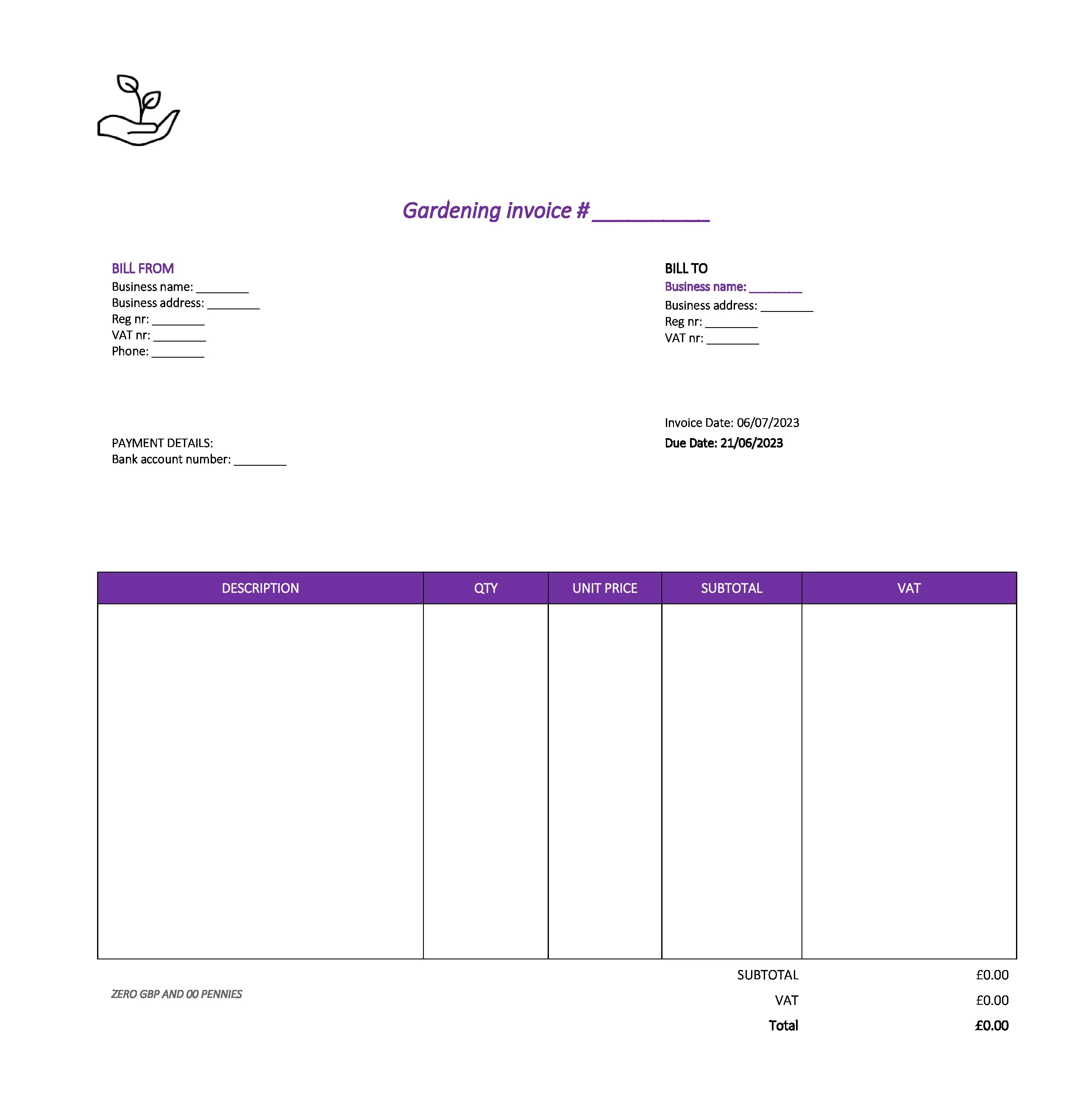 pretty gardening invoice template UK Excel / Google sheets