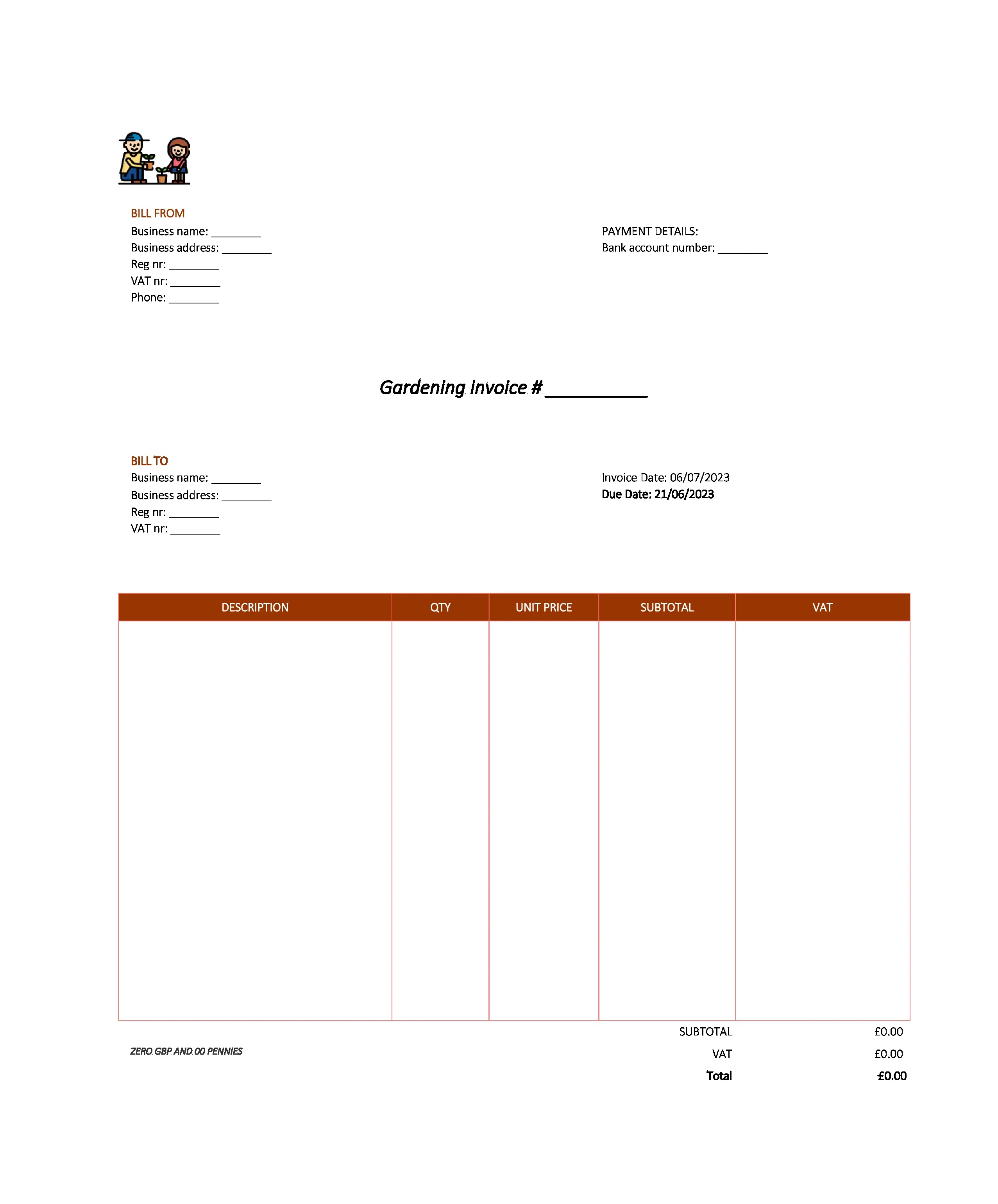 modern gardening invoice template UK Excel / Google sheets