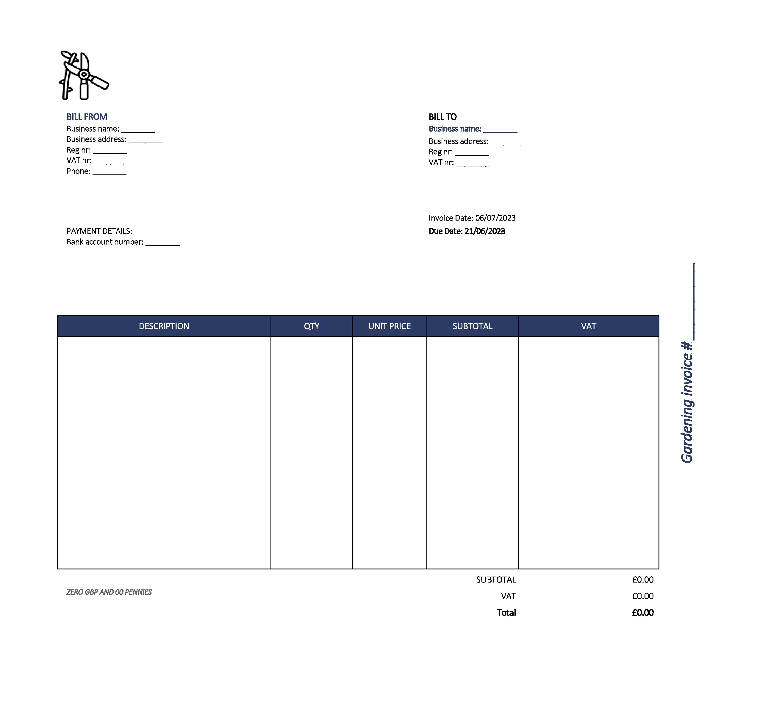 beautiful gardening invoice template UK Excel / Google sheets