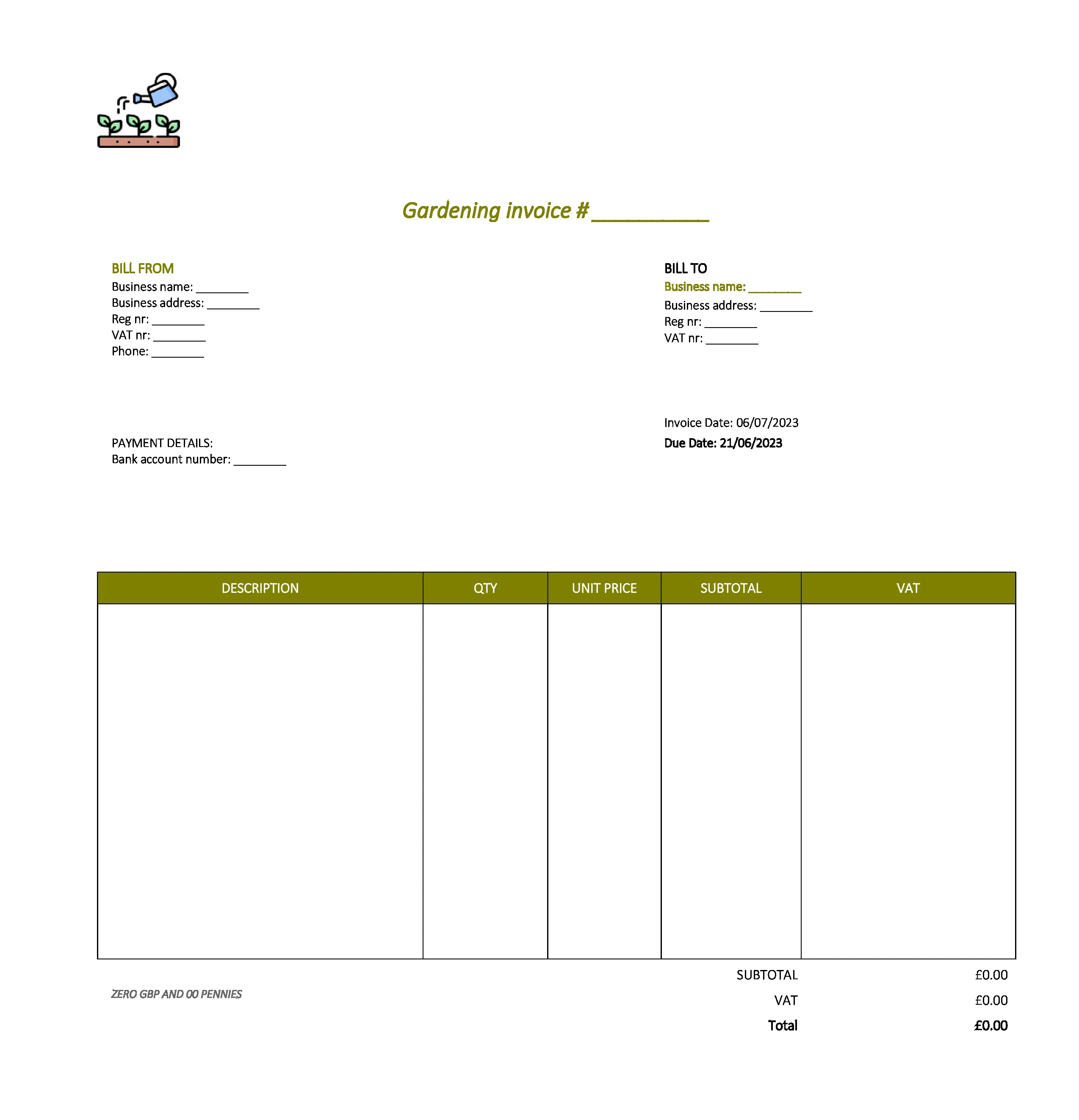 minimalist gardening invoice template UK Excel / Google sheets