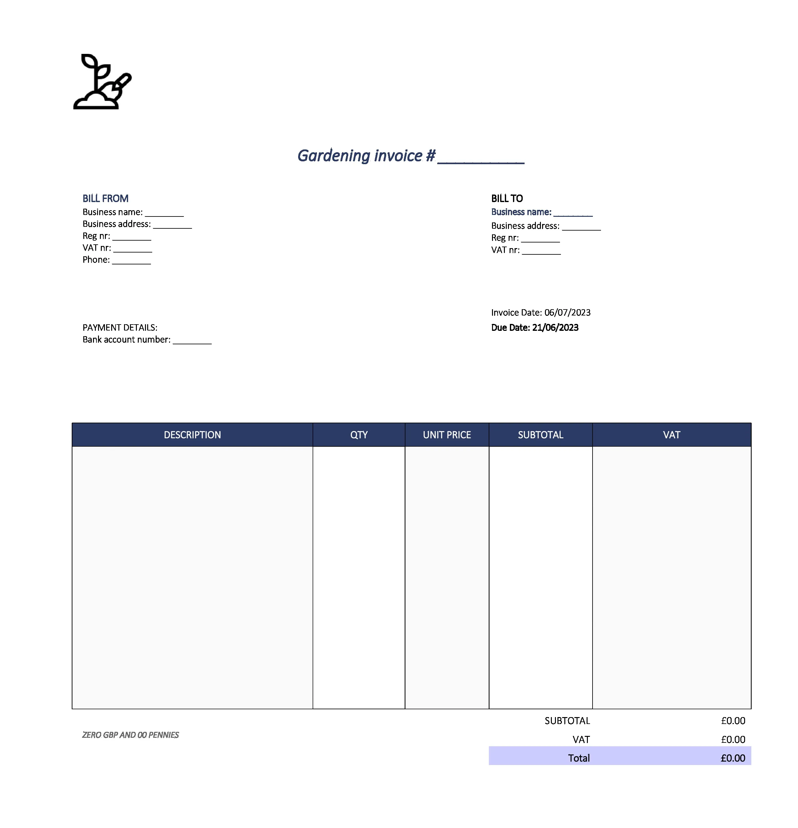 cute gardening invoice template UK Excel / Google sheets