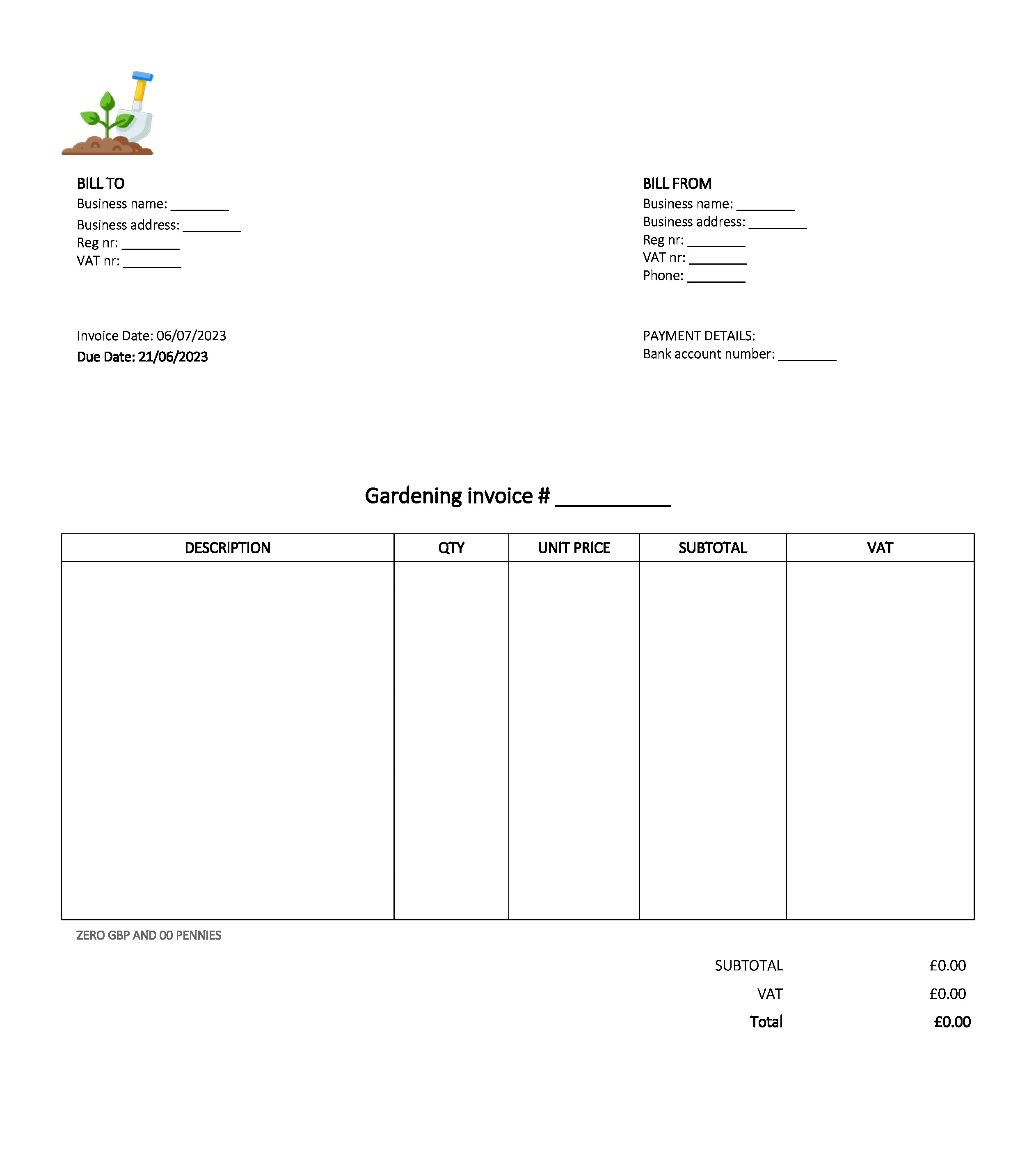 email deliverable gardening invoice template UK Excel / Google sheets