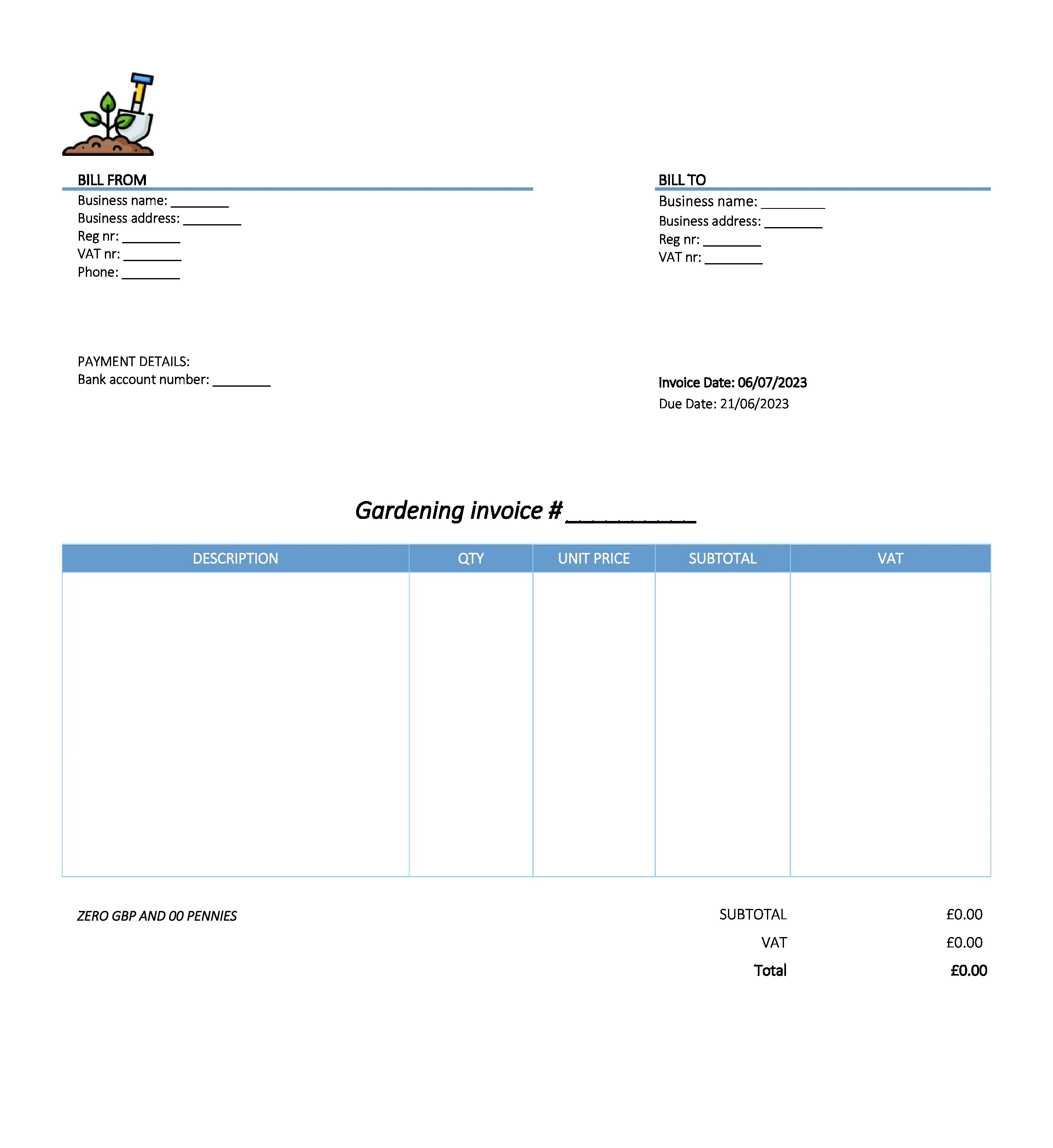 with bank details gardening invoice template UK Excel / Google sheets