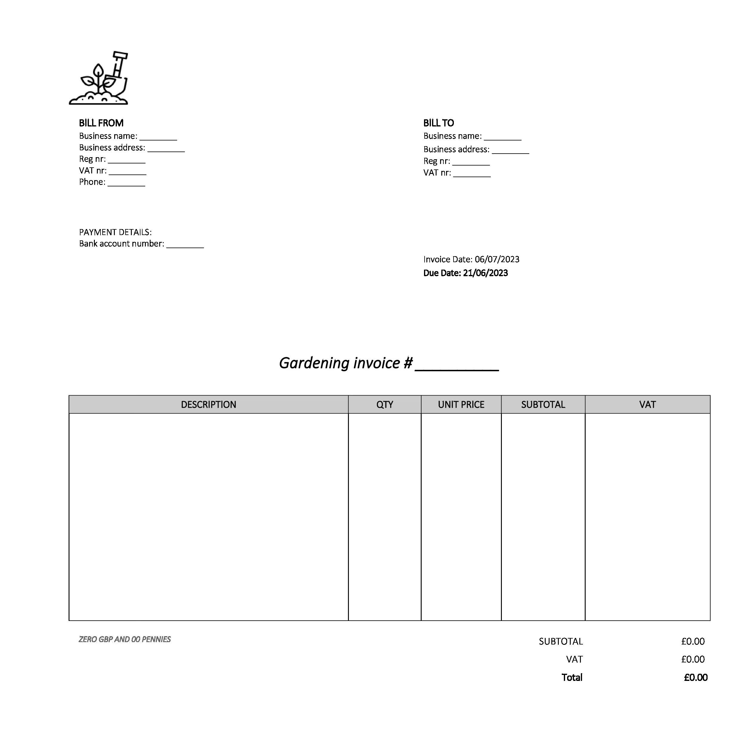empty gardening invoice template UK Excel / Google sheets