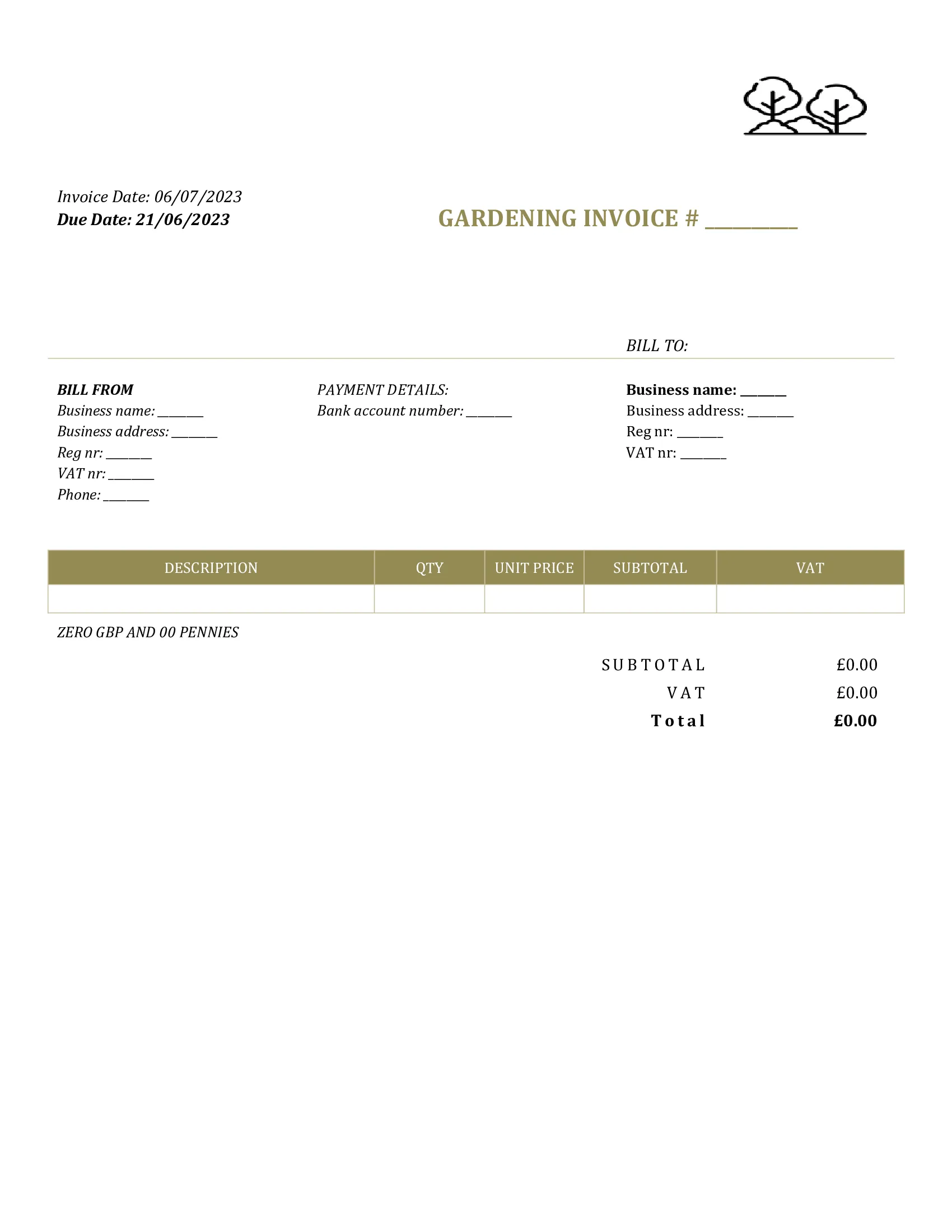 generic gardening invoice template UK Word / Google docs