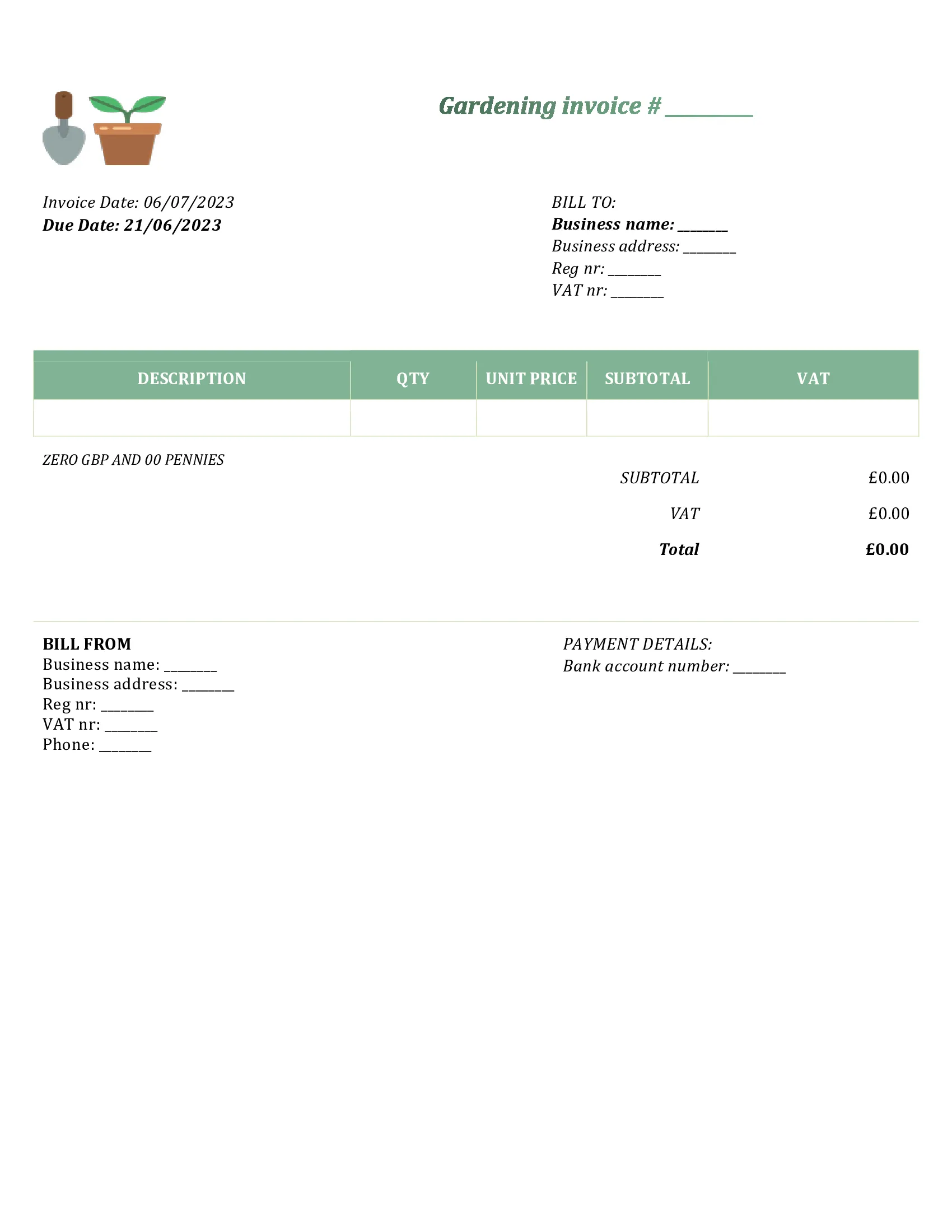 customizable gardening invoice template UK Word / Google docs