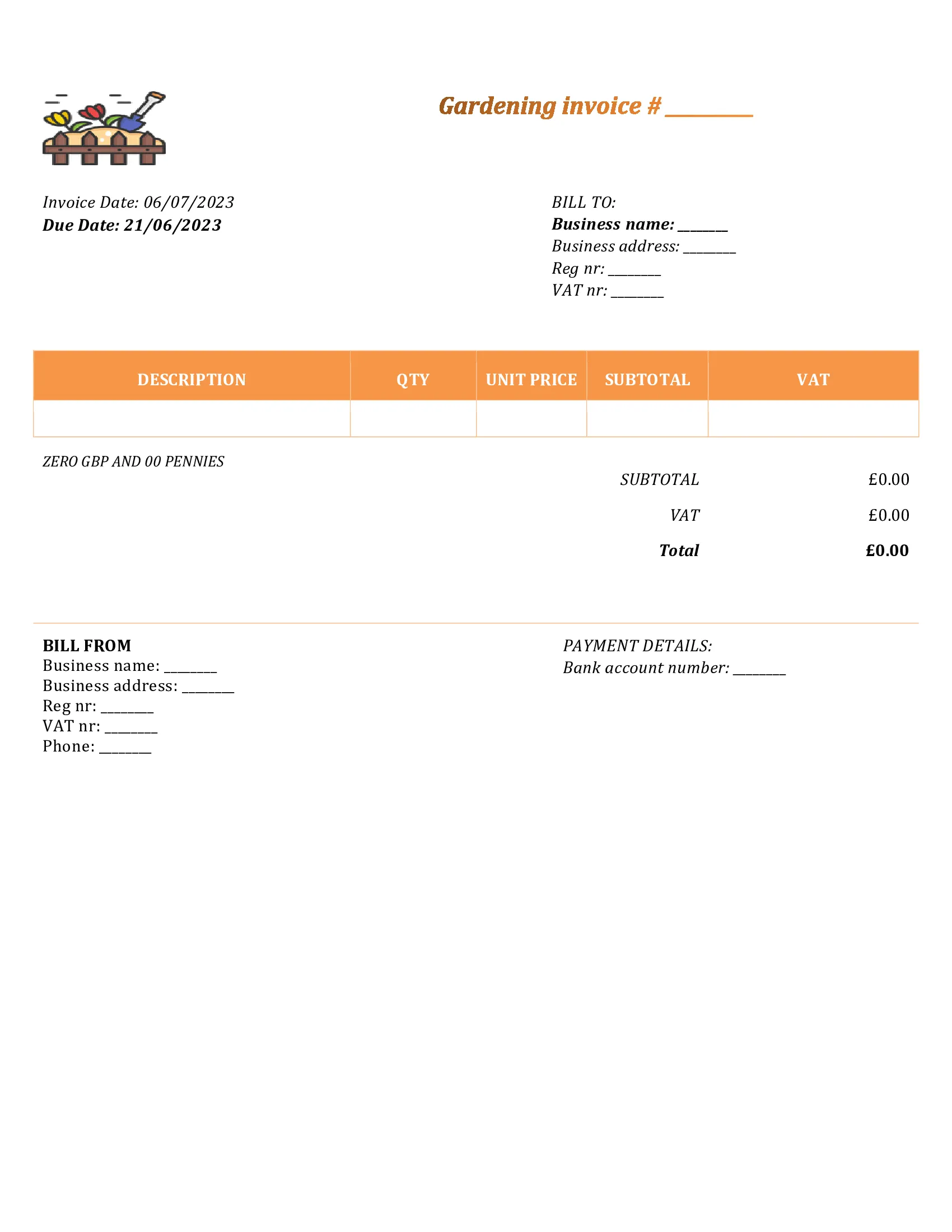 personal gardening invoice template UK Word / Google docs