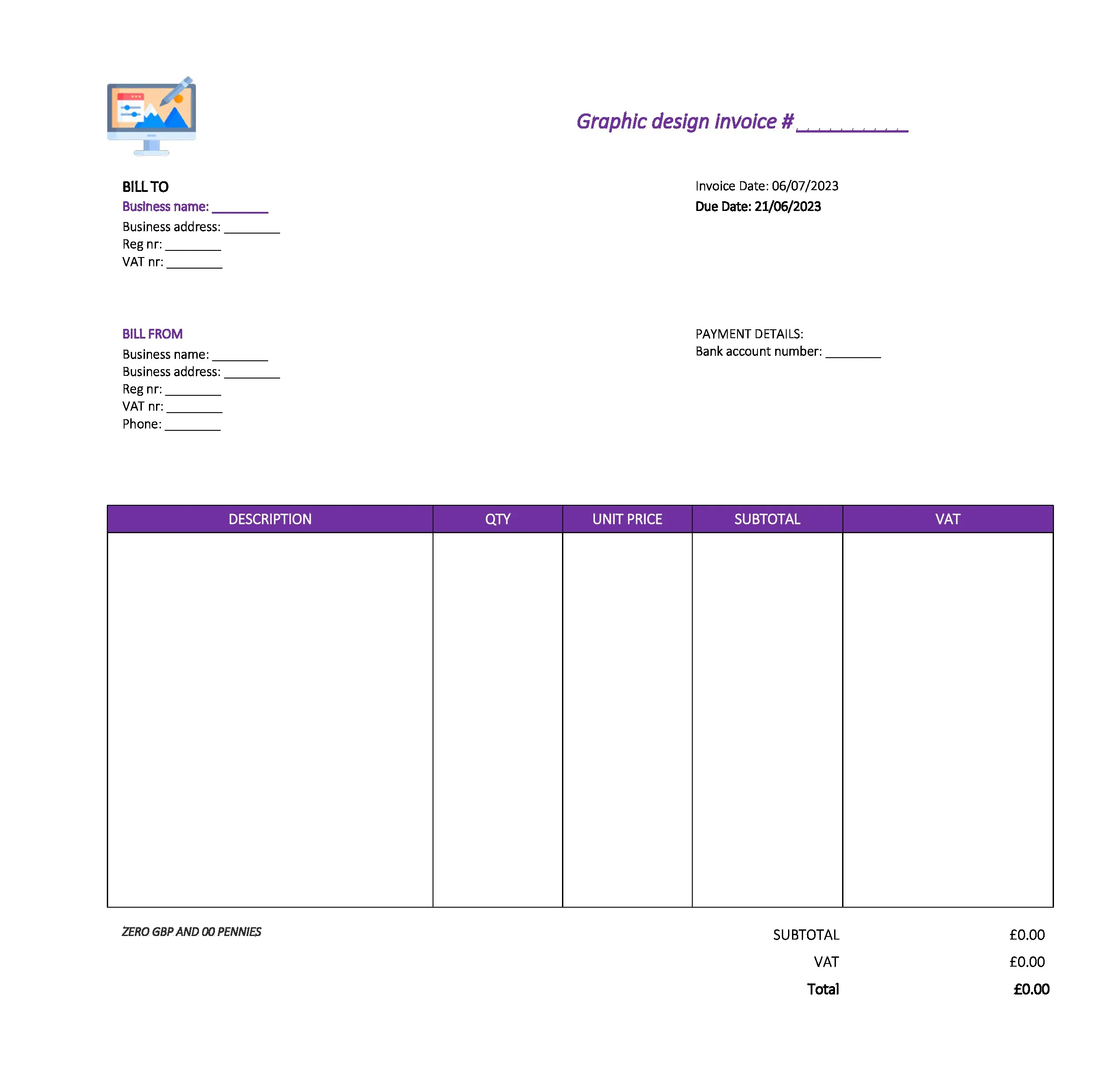 cool graphic design invoice template UK Excel / Google sheets