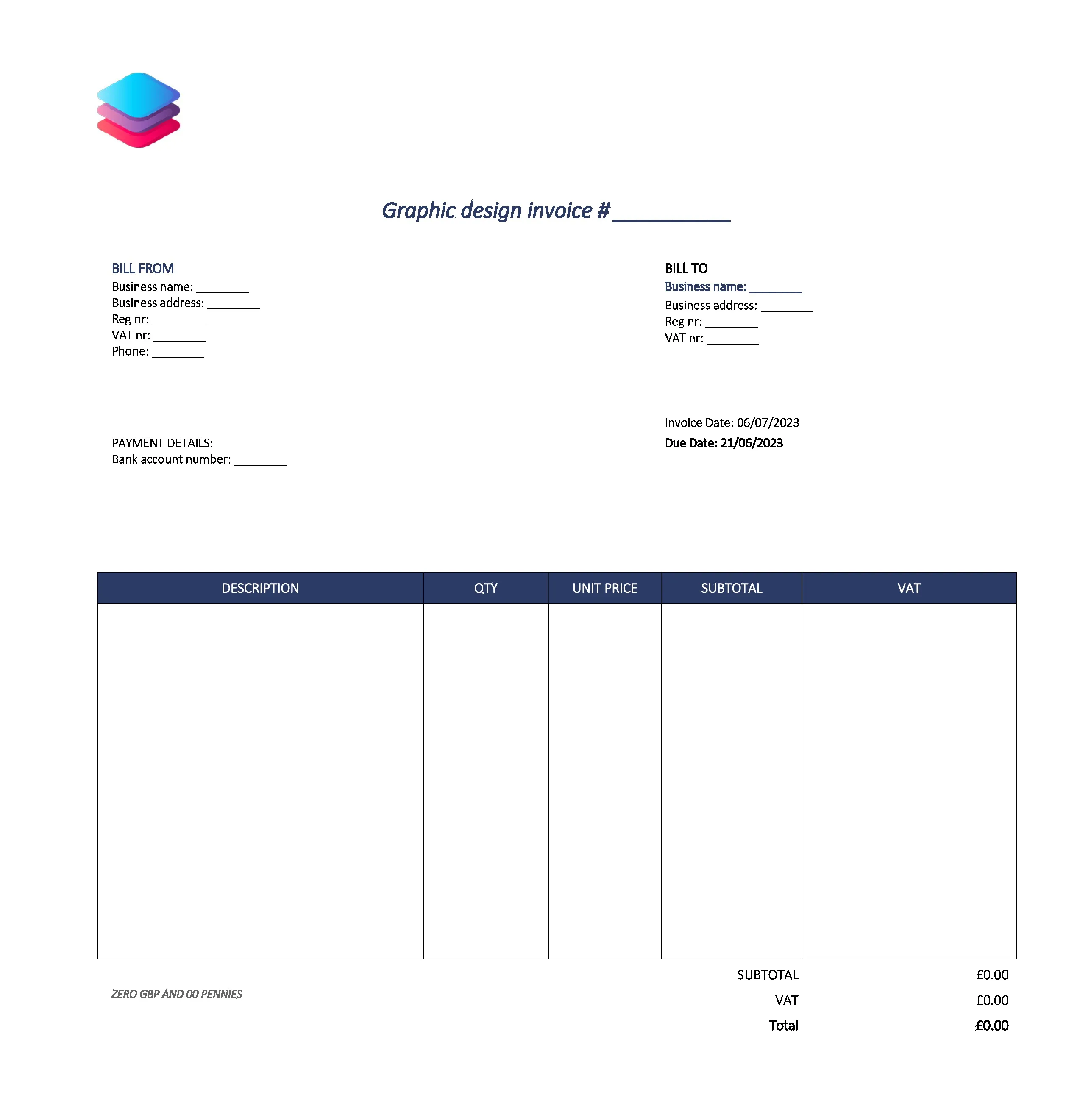 detailed graphic design invoice template UK Excel / Google sheets