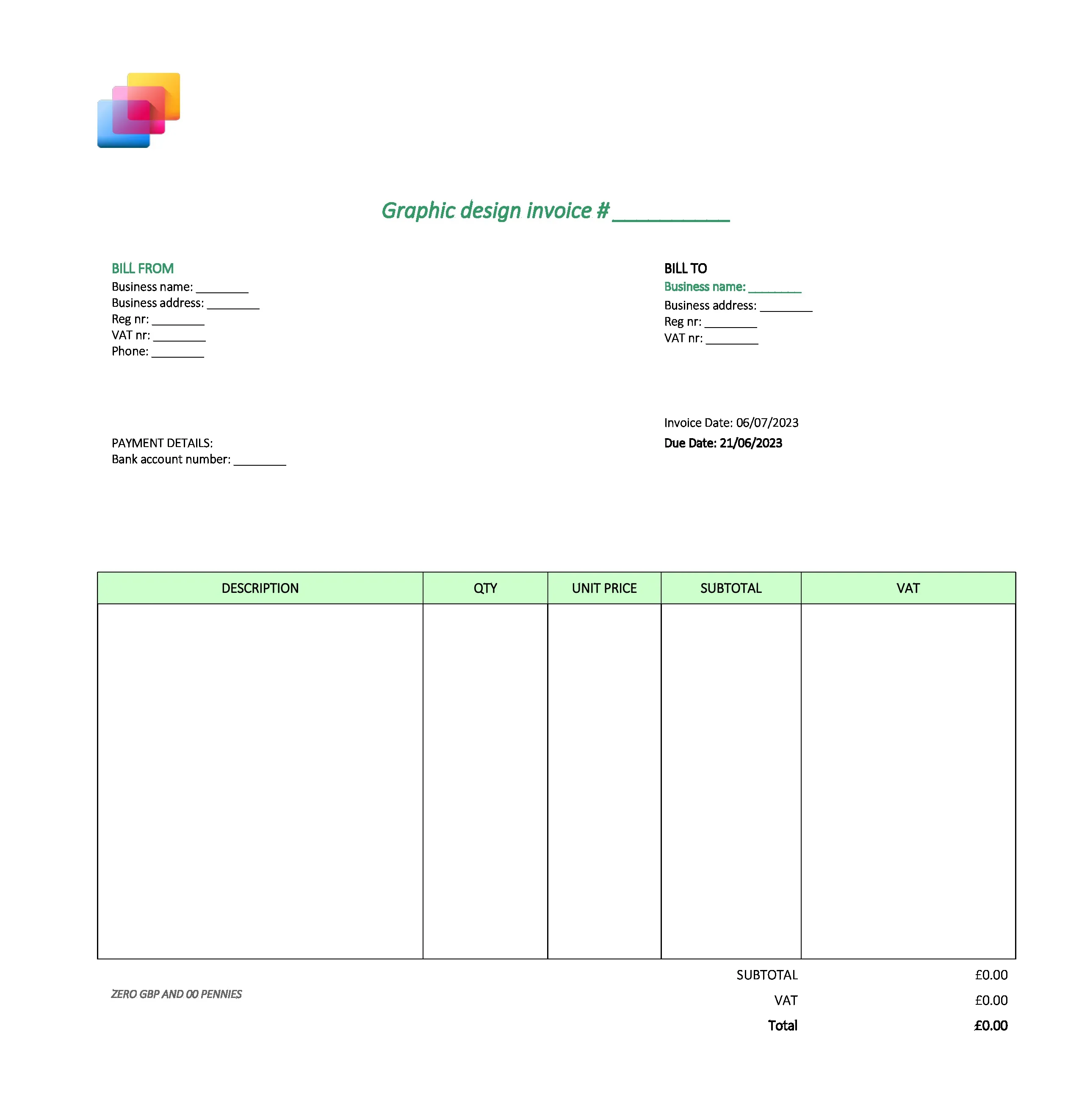 with logo graphic design invoice template UK Excel / Google sheets