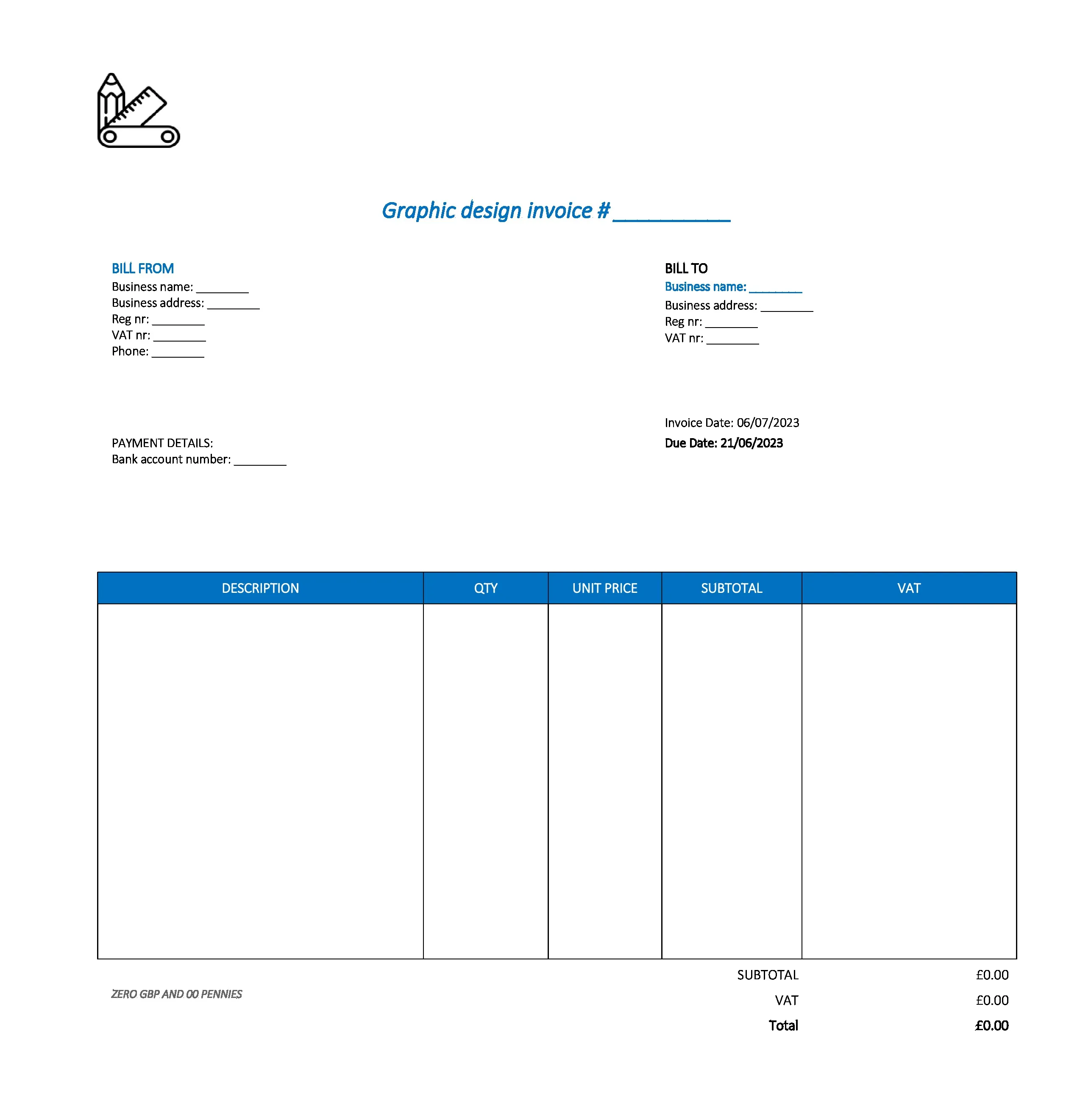 typical graphic design invoice template UK Excel / Google sheets