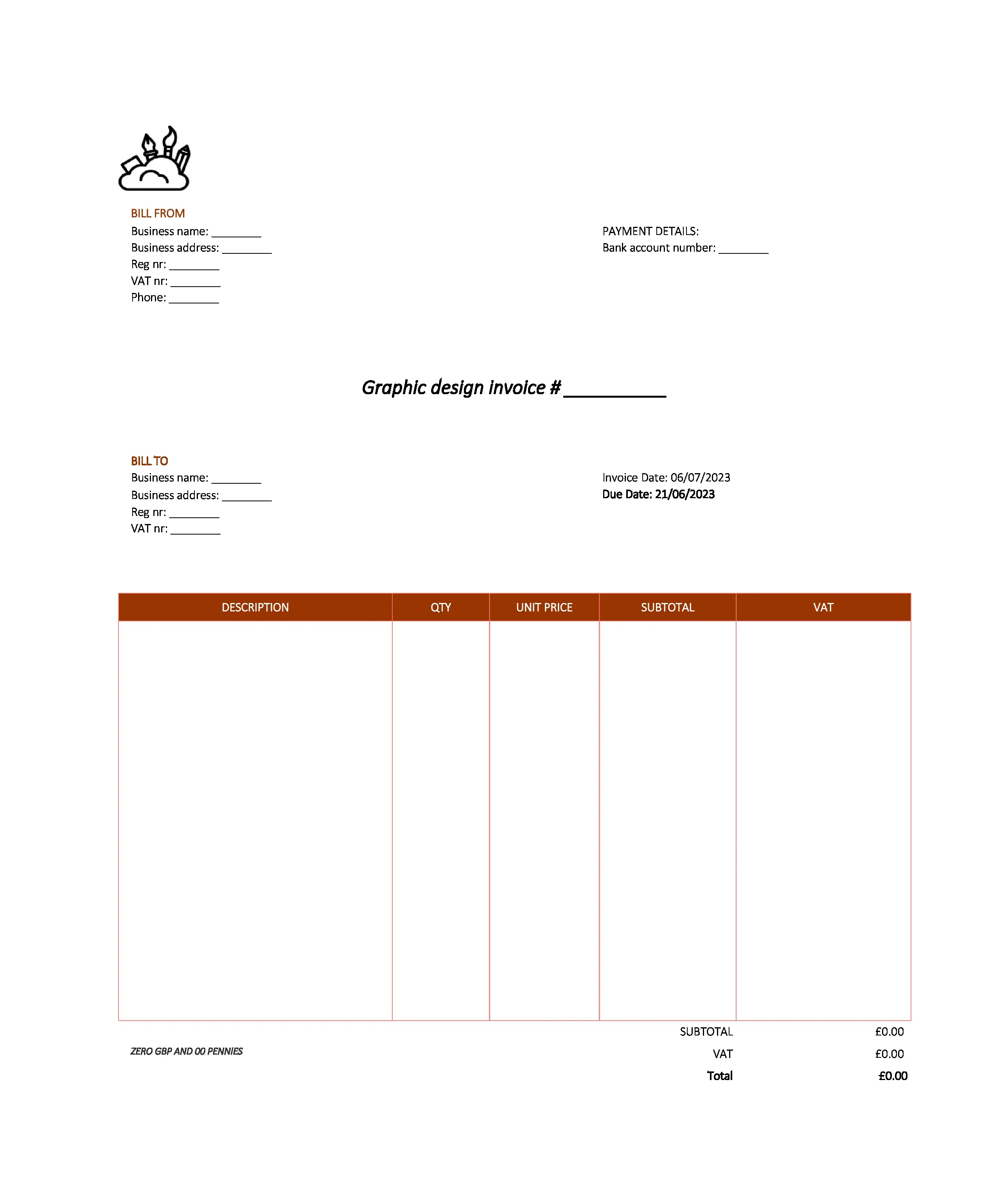 modern graphic design invoice template UK Excel / Google sheets