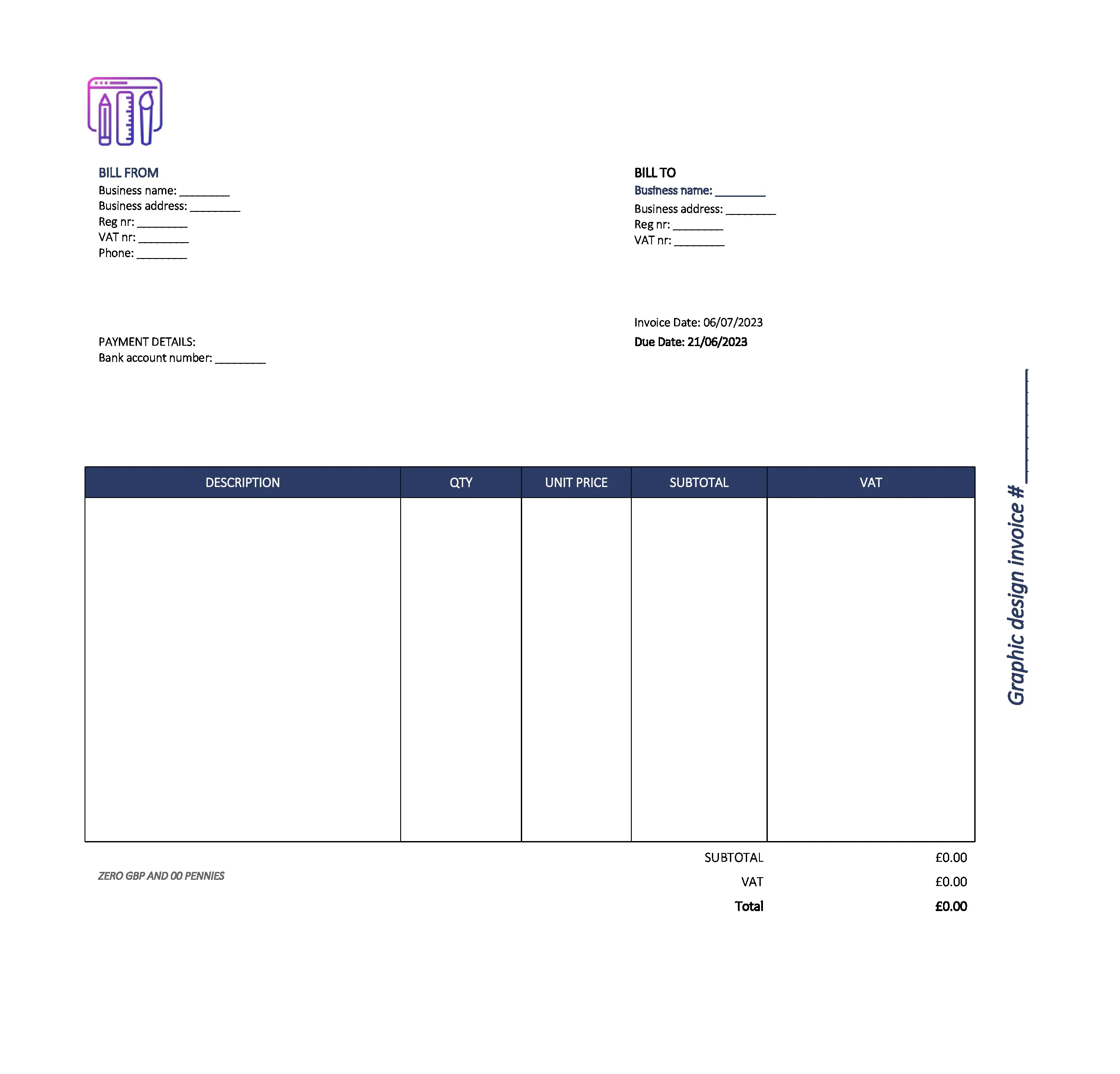 beautiful graphic design invoice template UK Excel / Google sheets