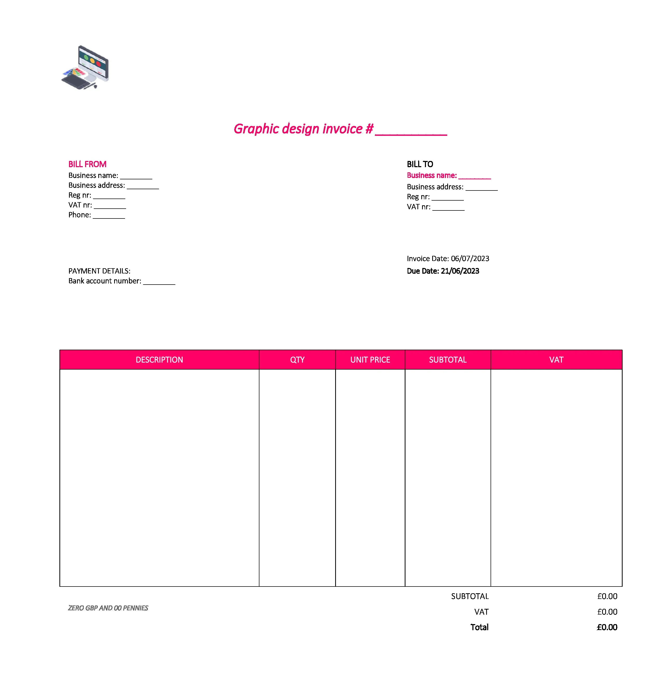 nice graphic design invoice template UK Excel / Google sheets