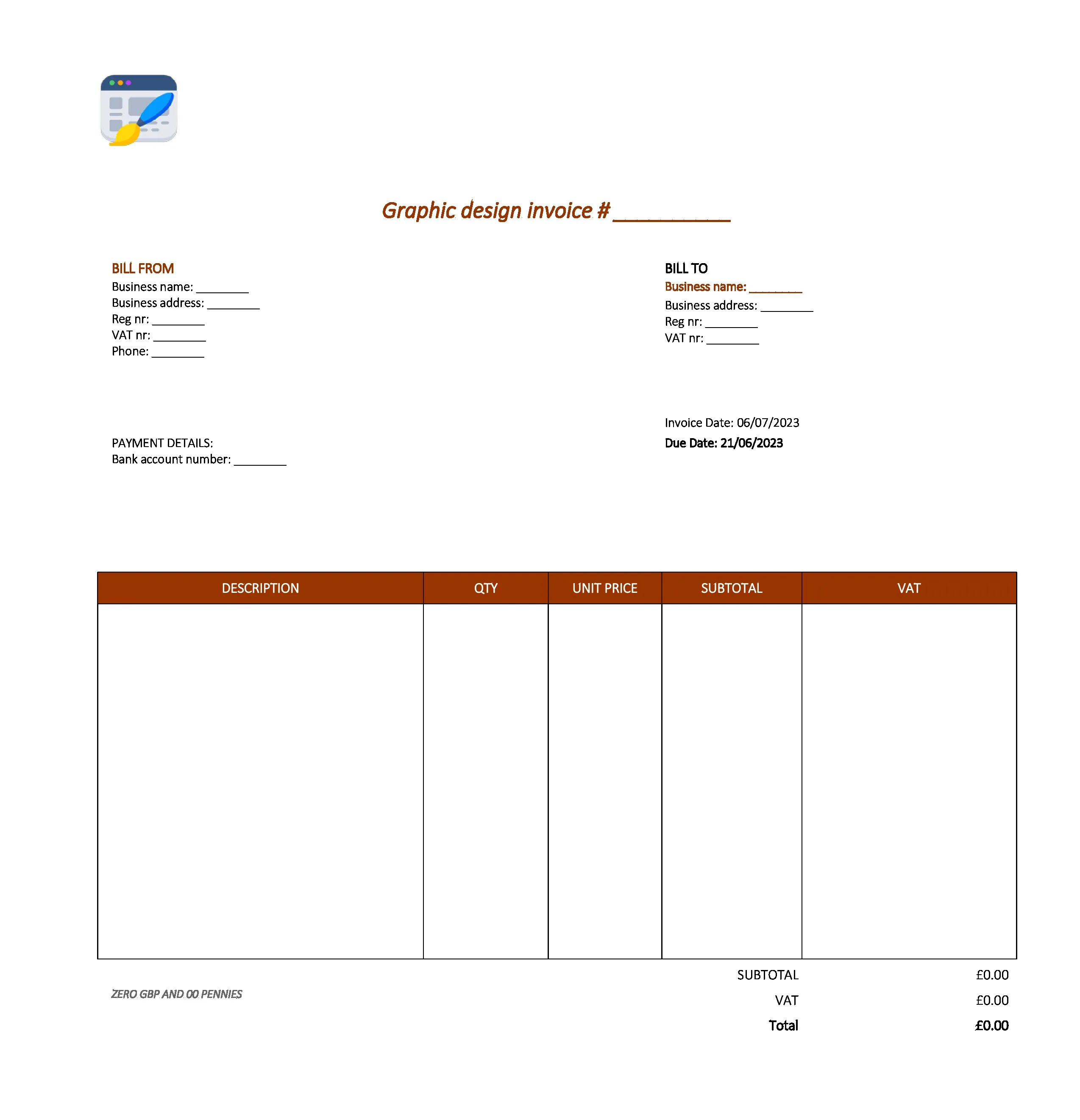 elegant graphic design invoice template UK Excel / Google sheets