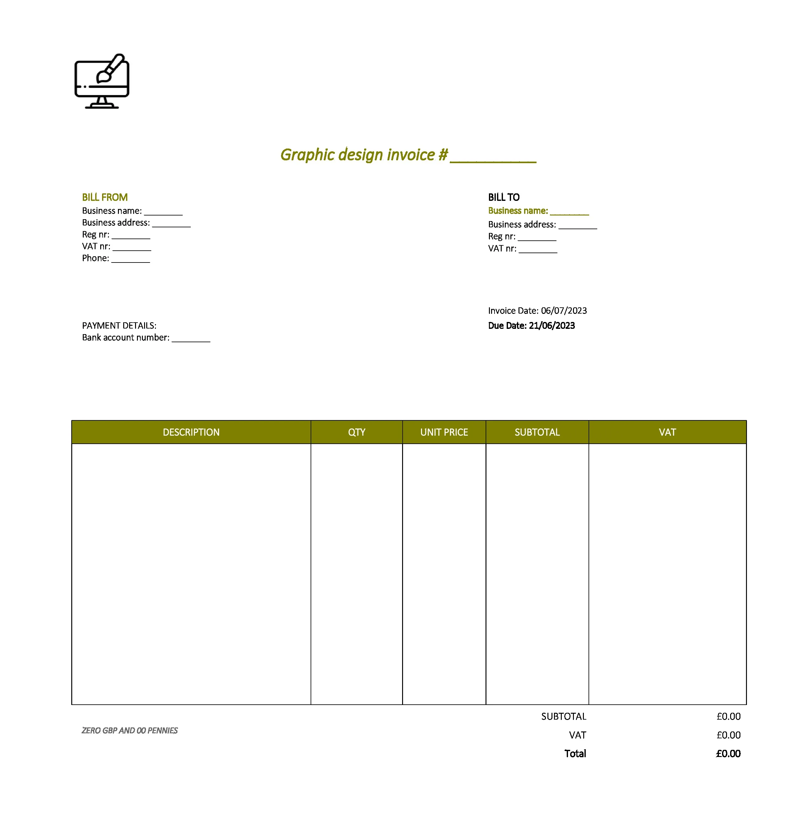 minimalist graphic design invoice template UK Excel / Google sheets
