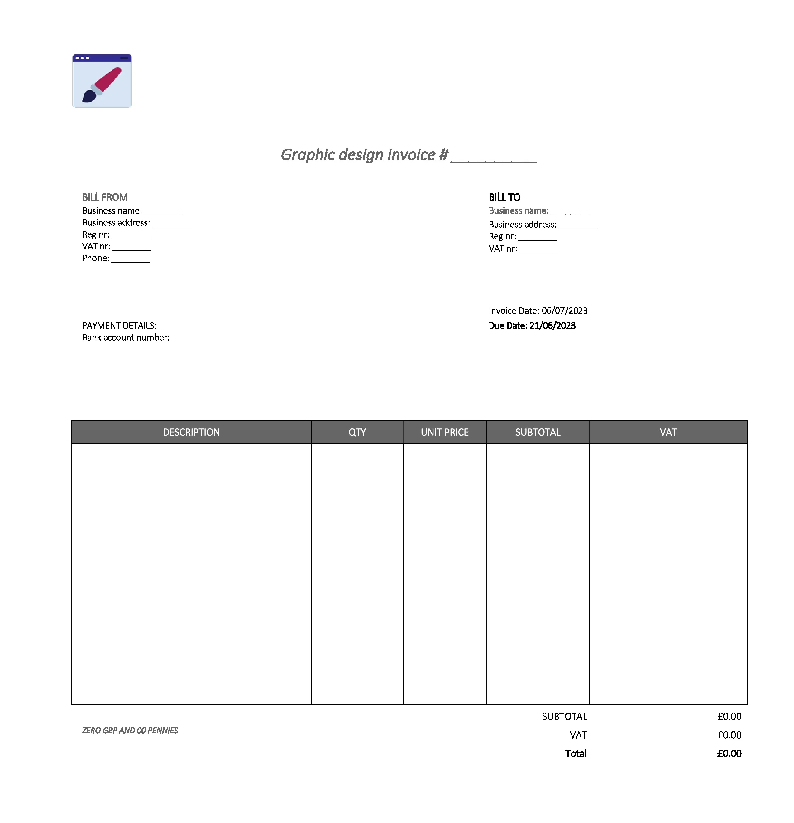 fancy graphic design invoice template UK Excel / Google sheets