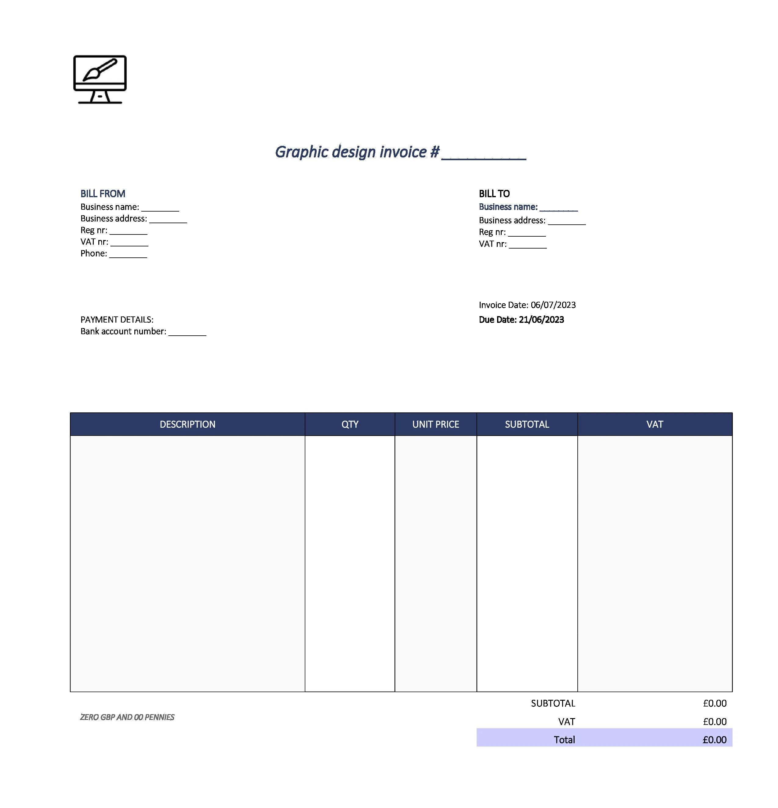 cute graphic design invoice template UK Excel / Google sheets
