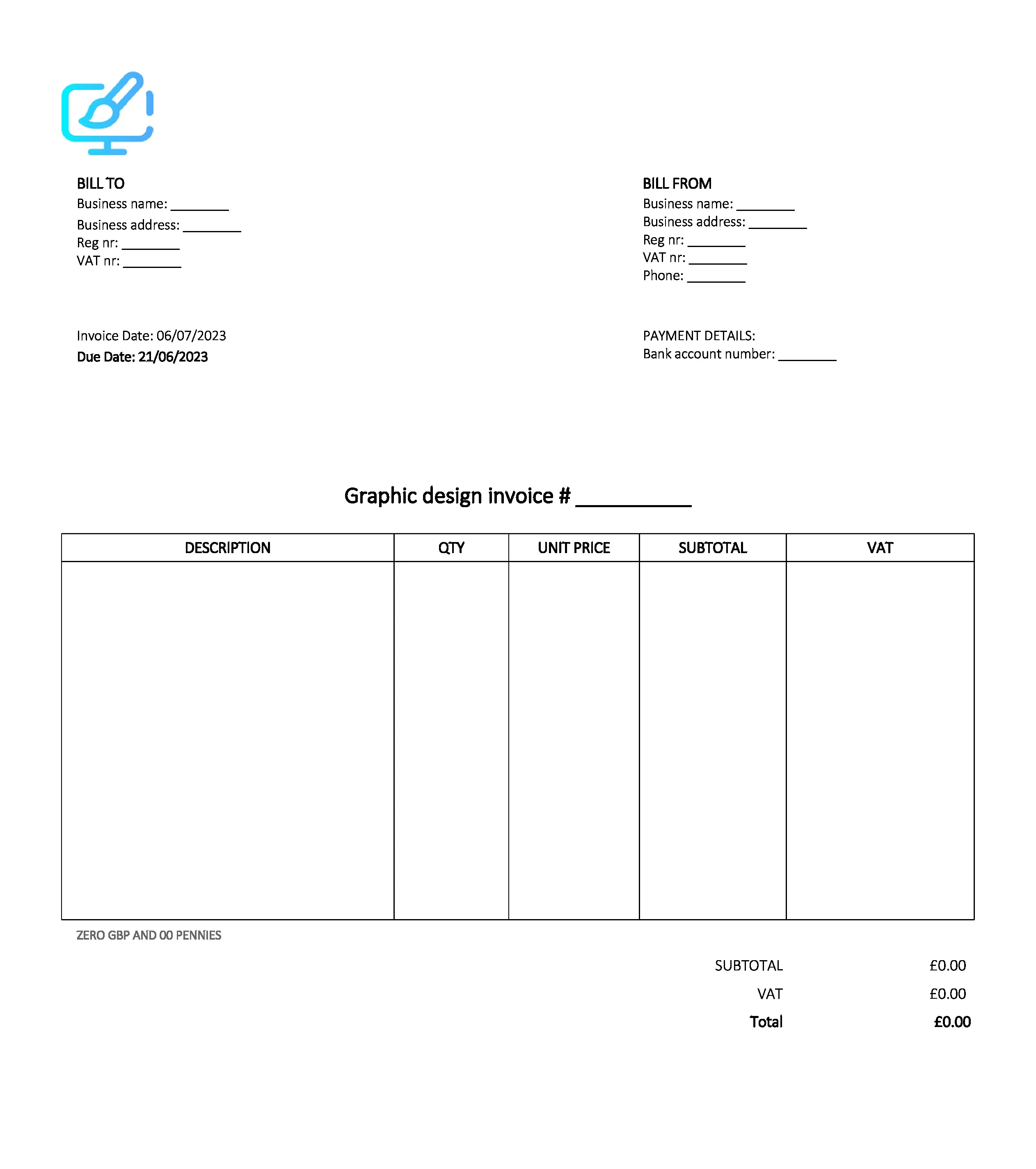 email deliverable graphic design invoice template UK Excel / Google sheets