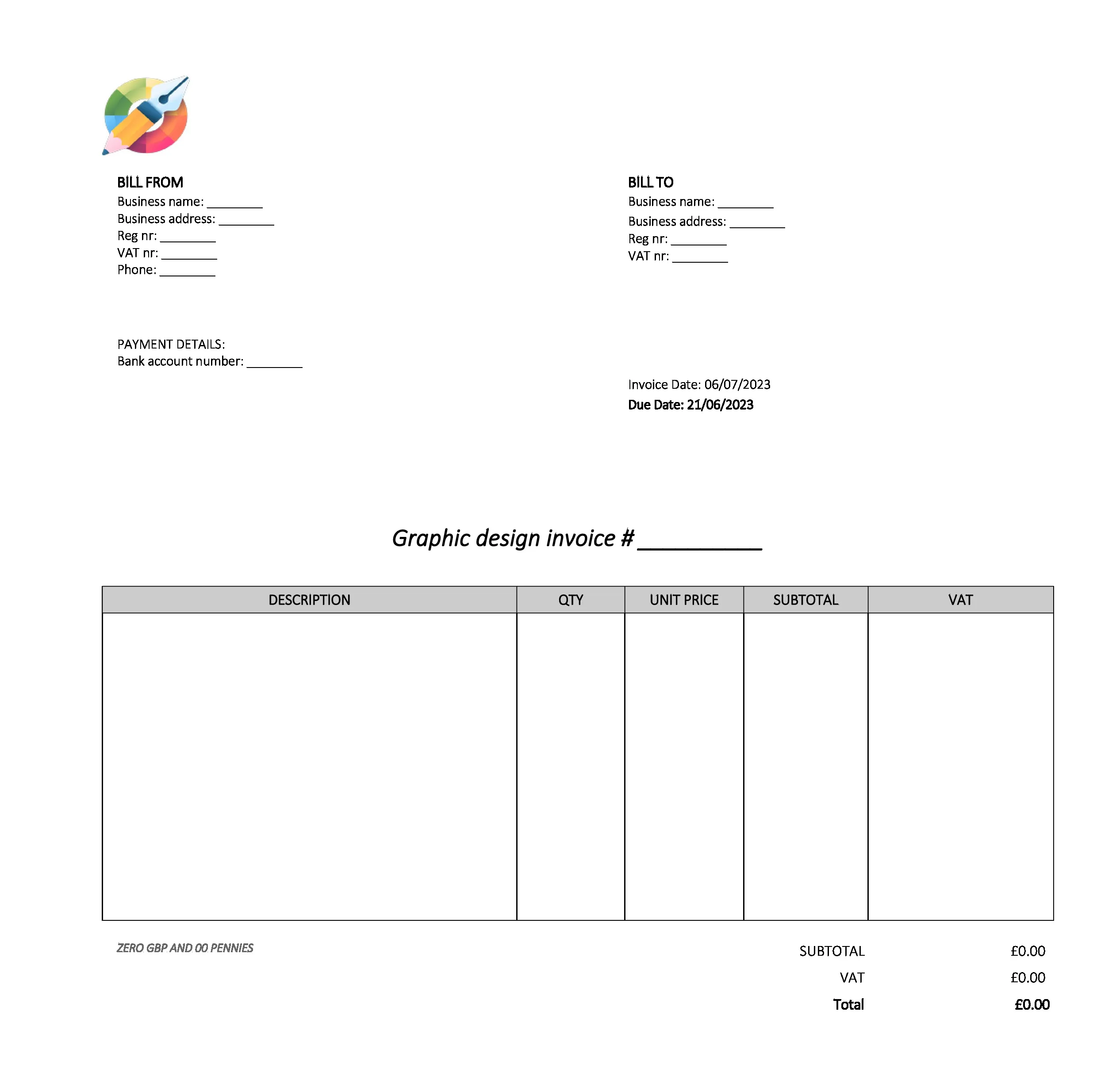 empty graphic design invoice template UK Excel / Google sheets