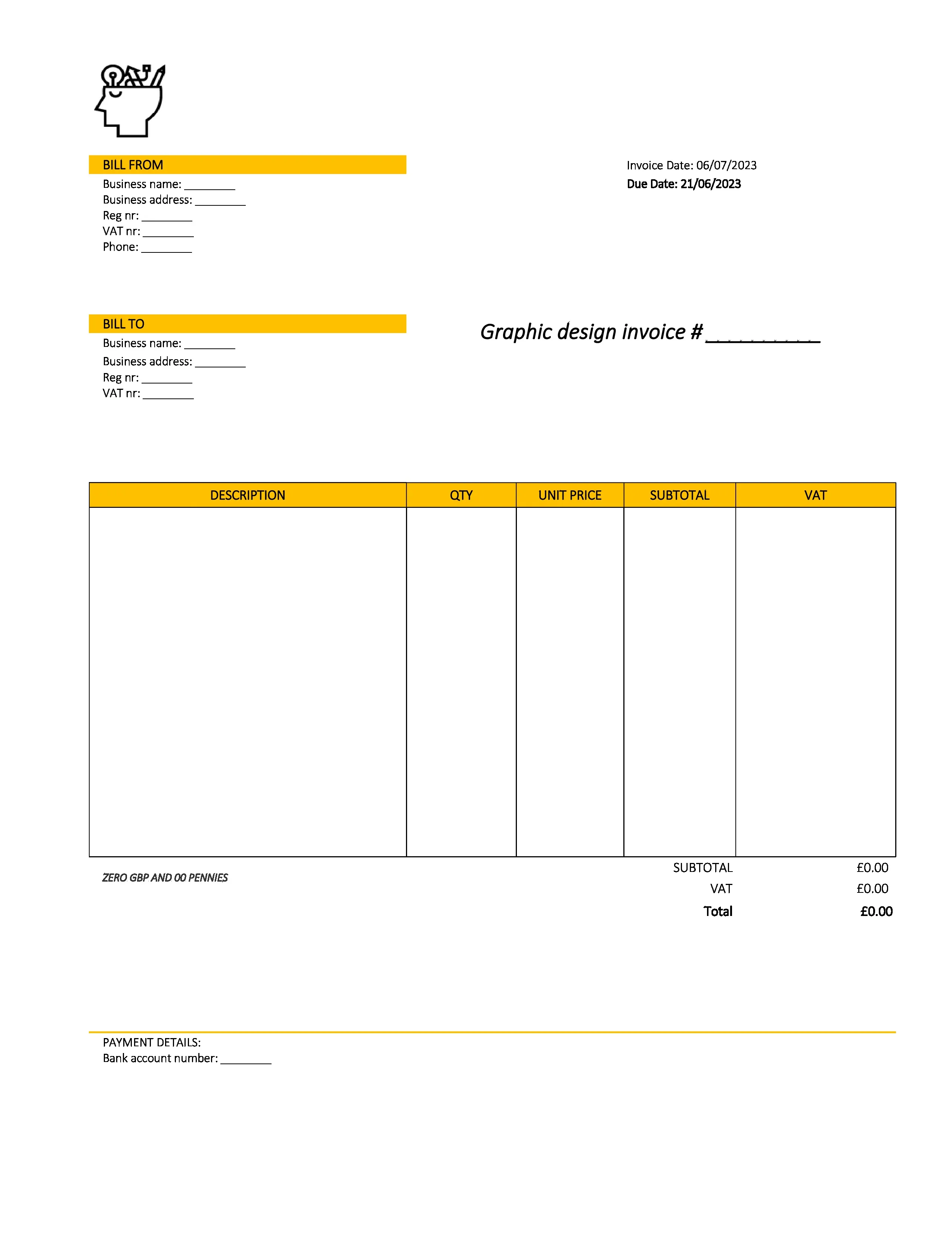 creative graphic design invoice template UK Excel / Google sheets