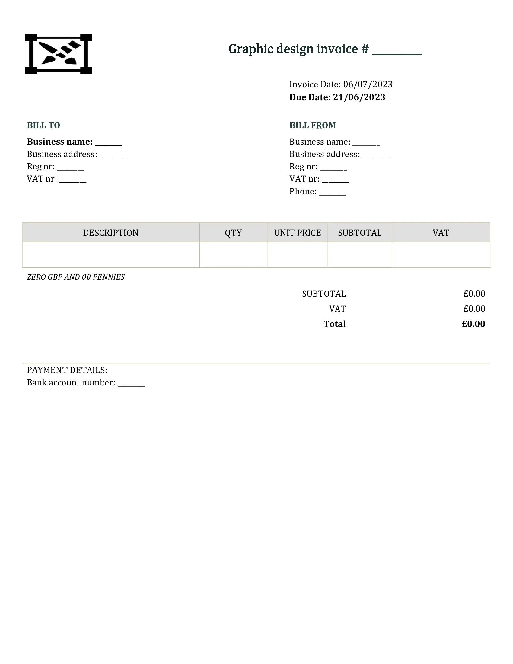 editable graphic design invoice template UK Word / Google docs
