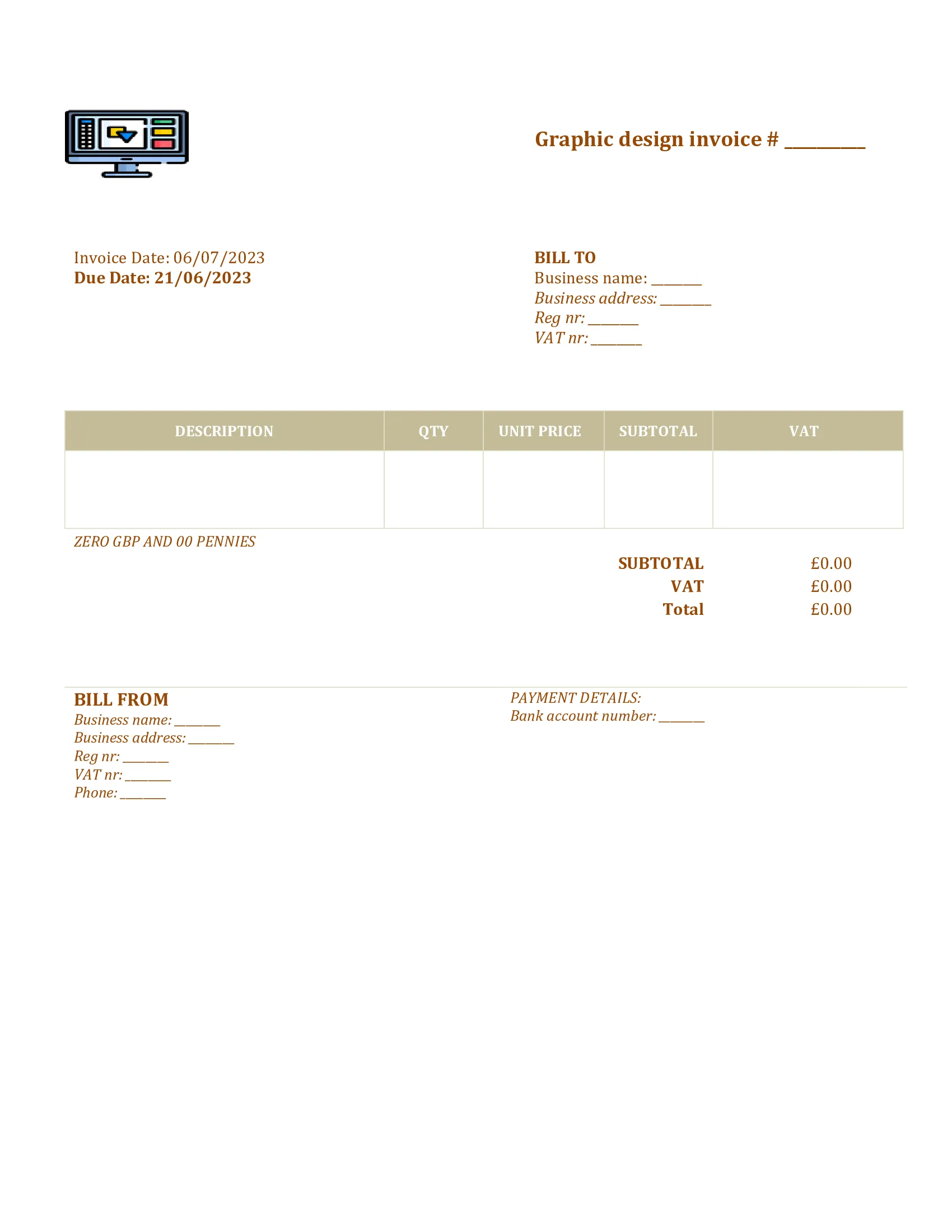 printable graphic design invoice template UK Word / Google docs