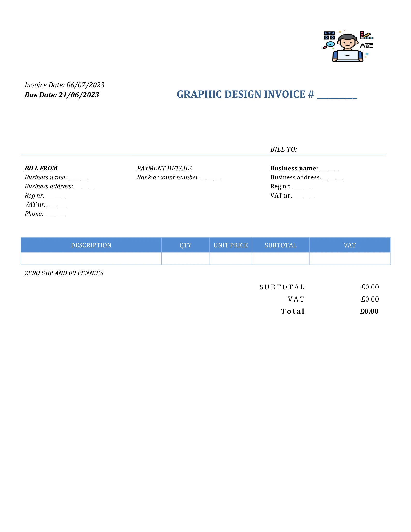 basic graphic design invoice template UK Word / Google docs